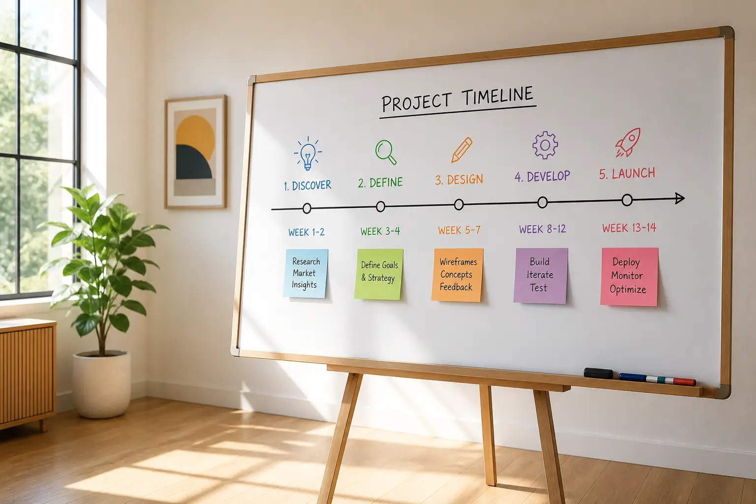 Project timeline on whiteboard with colorful notes in bright office setting