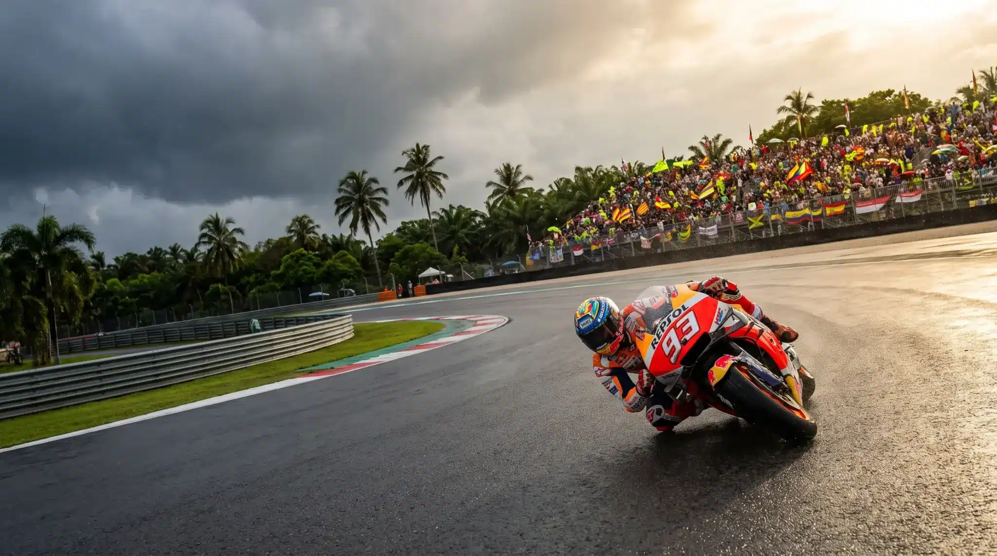 Motorcycle racing on wet track with cheering crowd and palm trees under dark cloudy sky