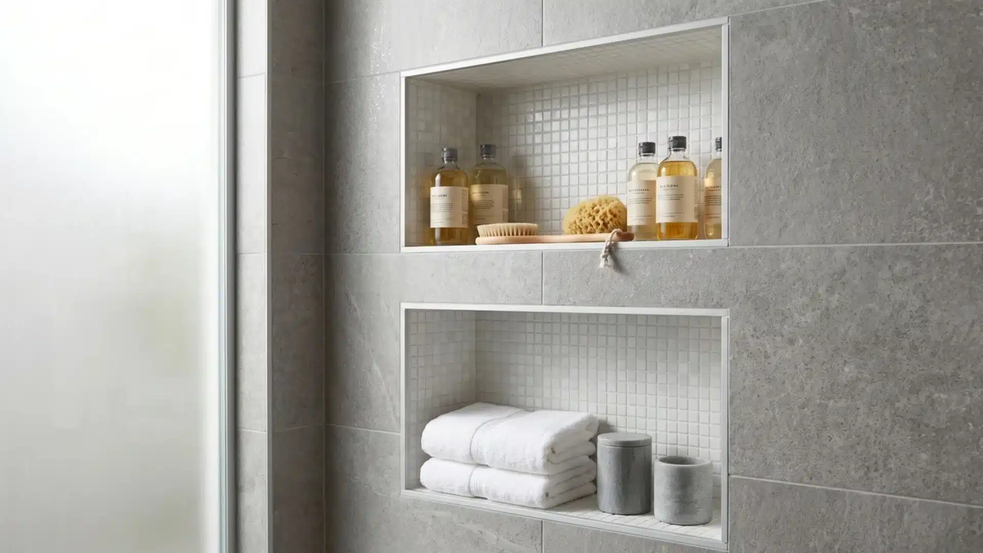 Modern tiled shower with built-in recessed niches holding bath products.