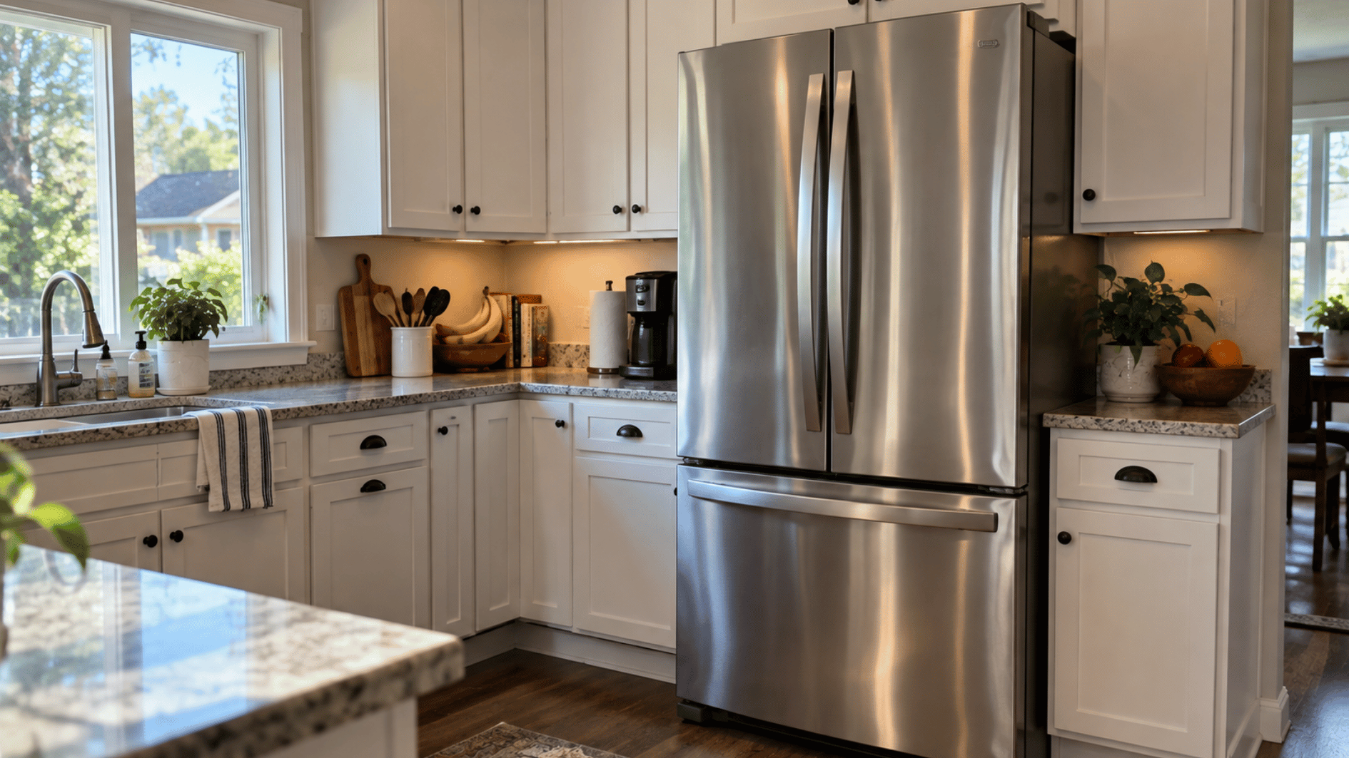 stainless steel refrigerator and freezer in a bright everyday american kitchen
