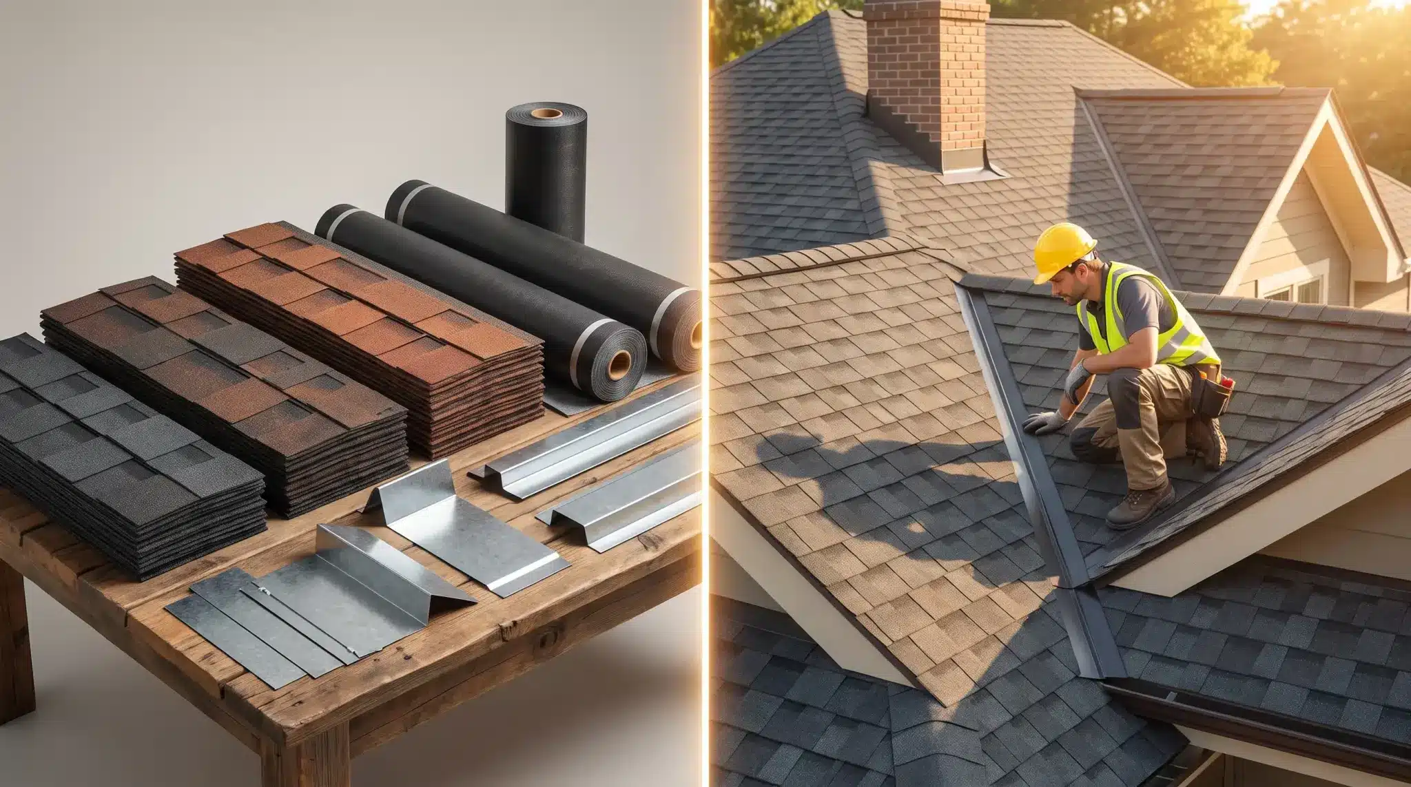 Roofing materials displayed on table next to worker installing shingles on rooftop in sunlight