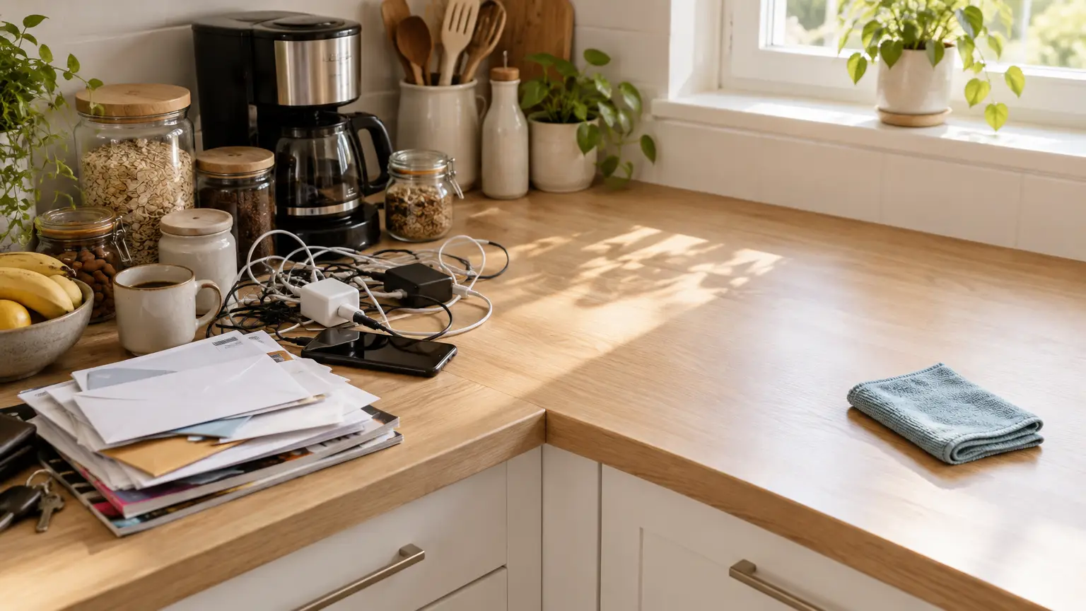 Coffee maker and cluttered wooden kitchen counter with plants and natural light