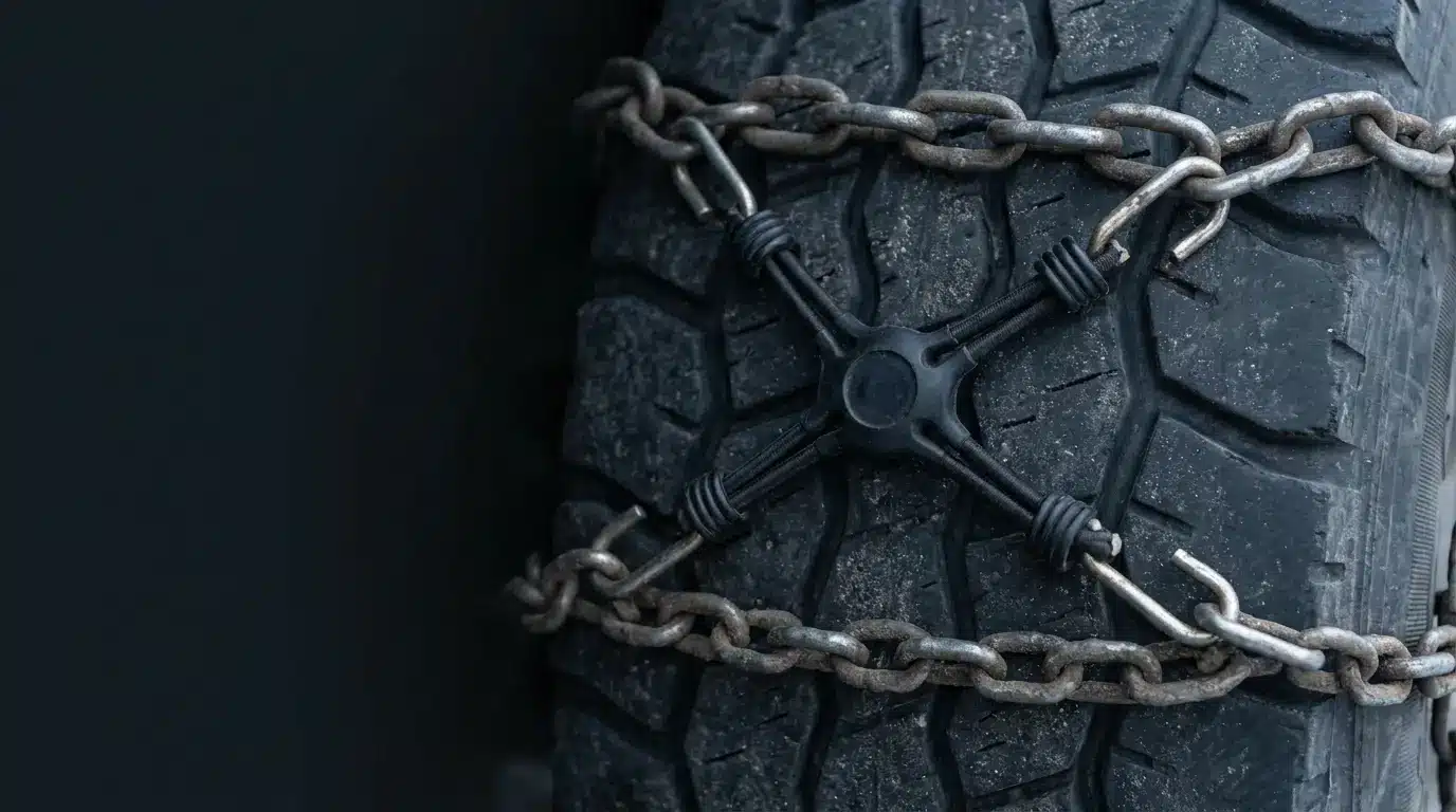 Close-up of rugged car tire with metal snow chains in outdoor setting