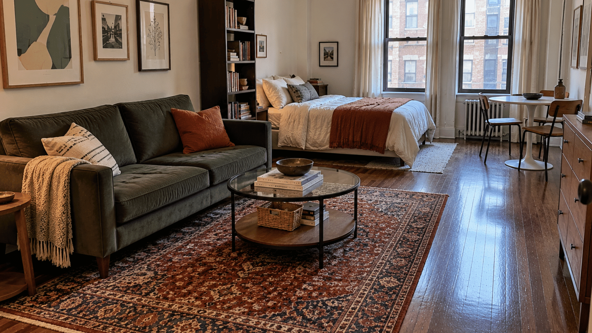 red area rug clearly defines the sofa zone in a long narrow studio apartment with dark floors