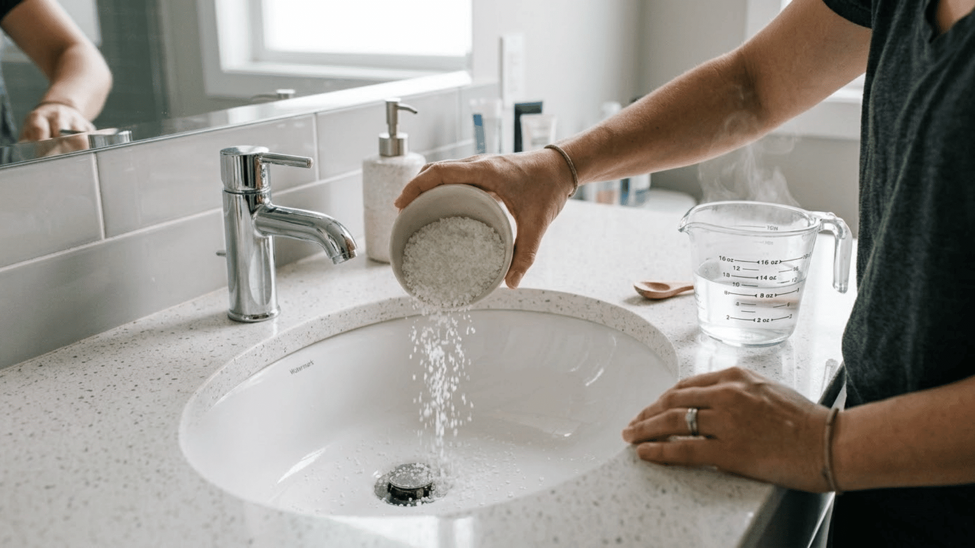 table salt being poured into a bathroom sink drain before flushing the opening with hot water