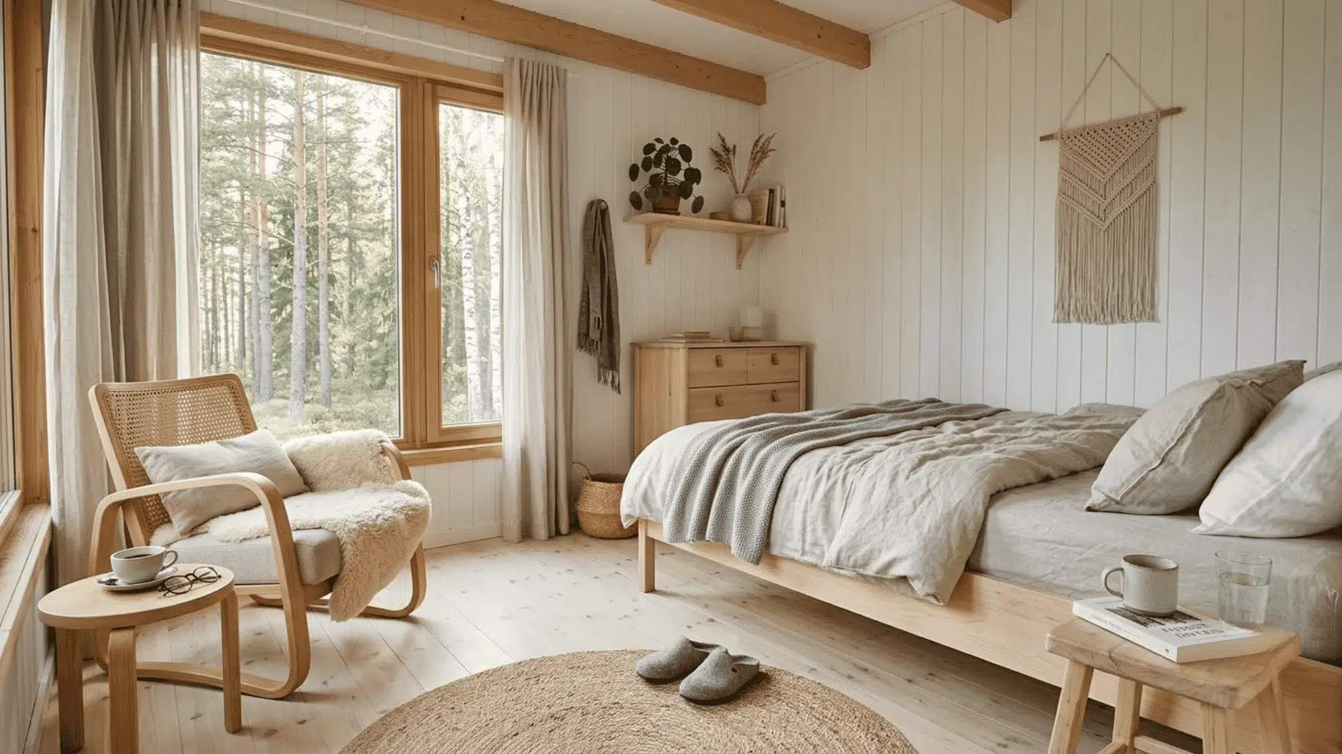 scandinavian small cabin bedroom with white walls pale wood furniture and soft linen bedding