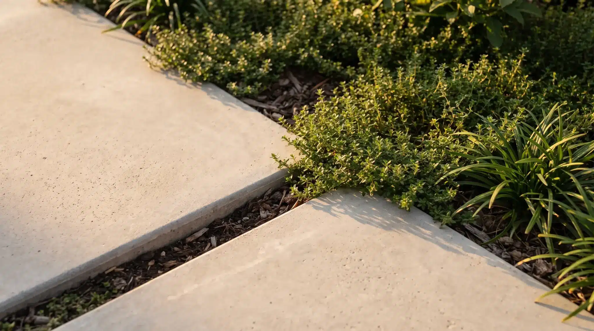 Concrete walkway surrounded by lush green plants under warm sunlight