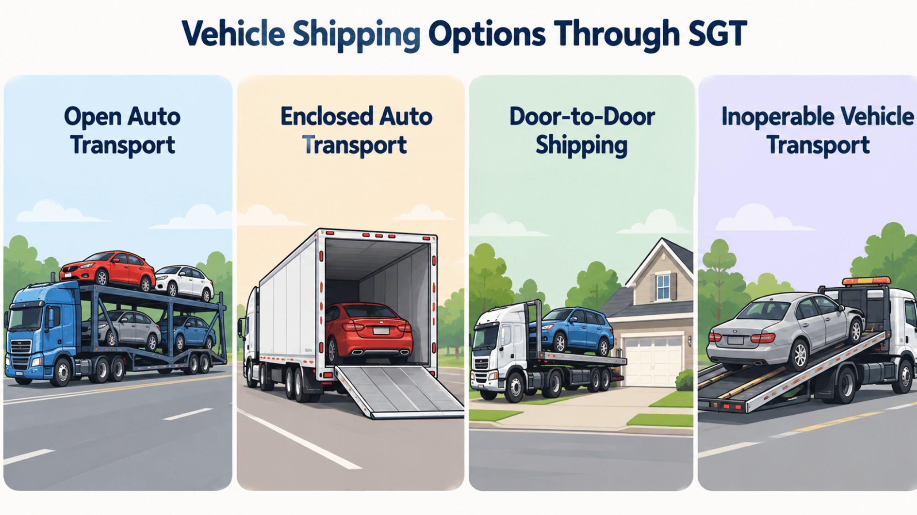 illustrated vehicle shipping options showing open enclosed door-to-door and inoperable car transport methods