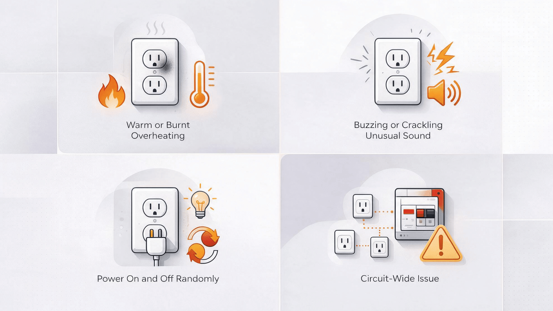 four icon panels showing signs of outlet wiring problems including heat, sound, intermittent power, and circuit issues