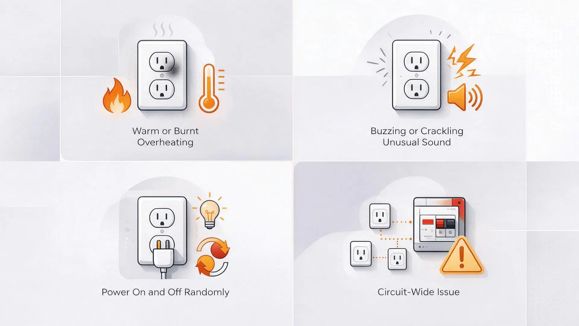 four icon panels showing signs of outlet wiring problems including heat, sound, intermittent power, and circuit issues