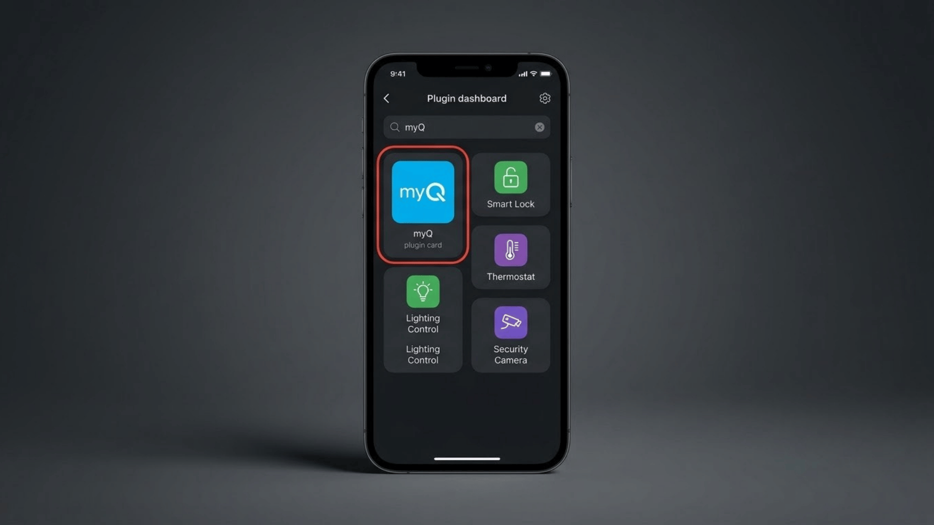smartphone displaying a myq plugin search inside a dark smart home integration dashboard