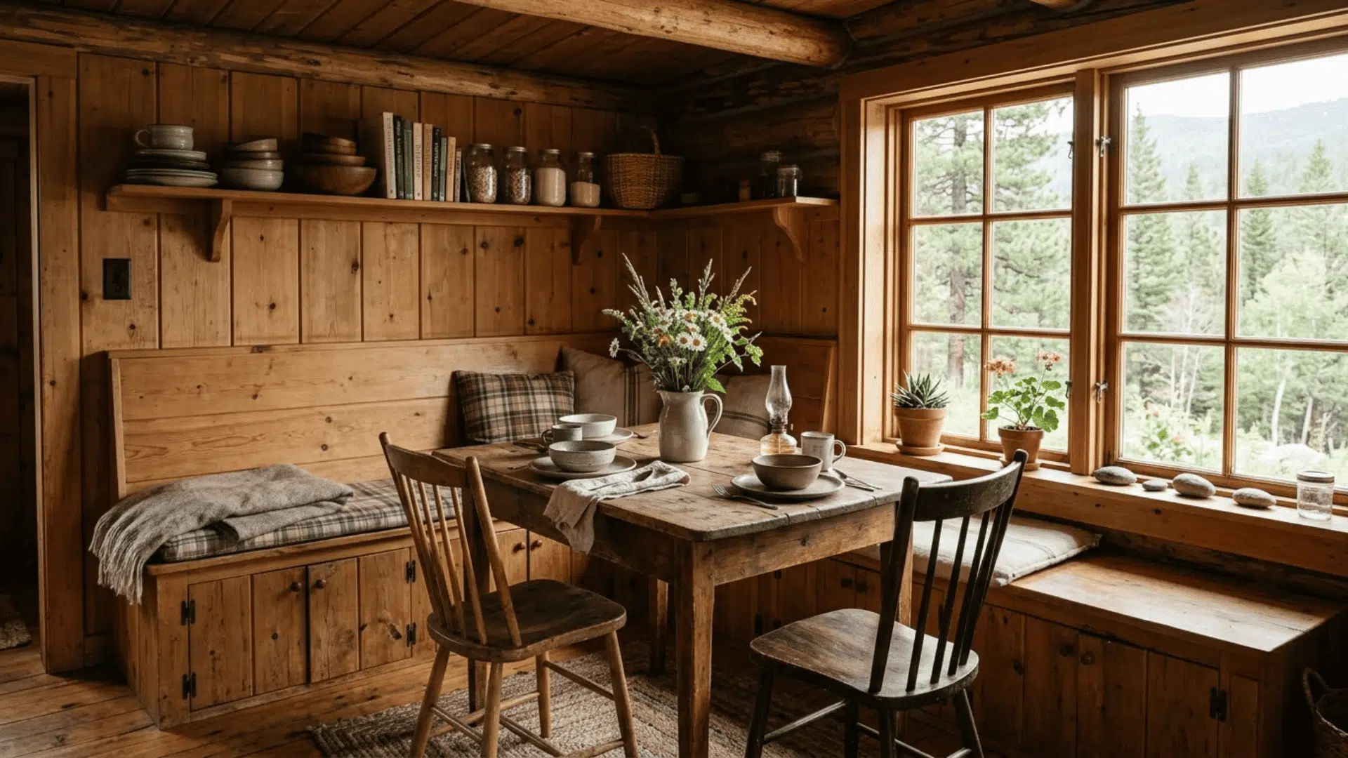 small cabin dining area with wooden table built-in bench seating and natural window light