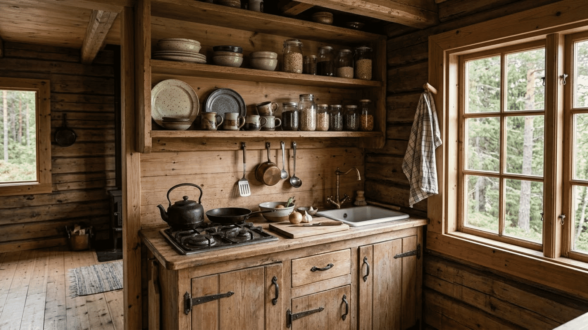 compact cabin kitchen with open wooden shelves, everyday dishes, and rustic storage details