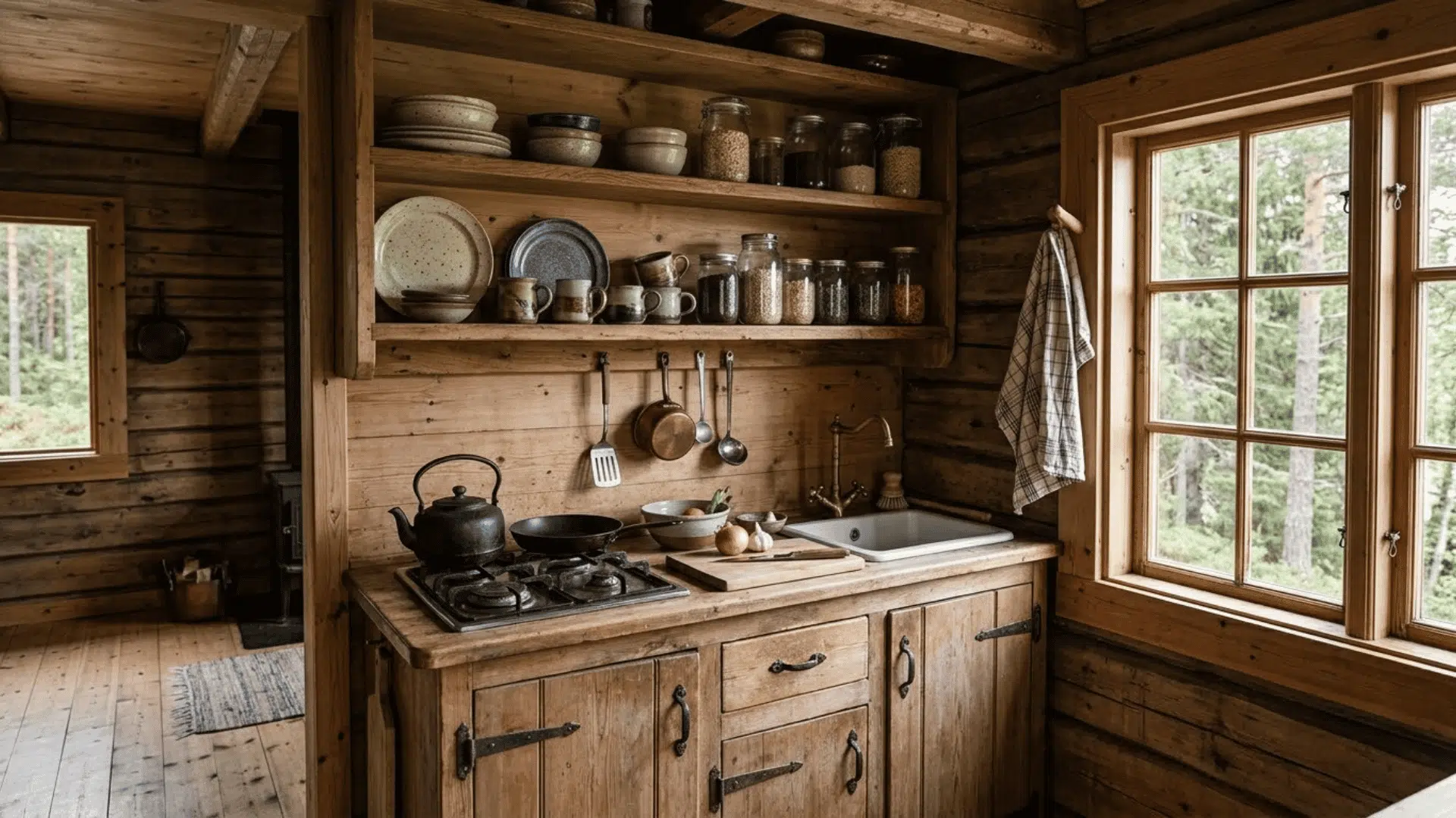 compact cabin kitchen with open wooden shelves, everyday dishes, and rustic storage details