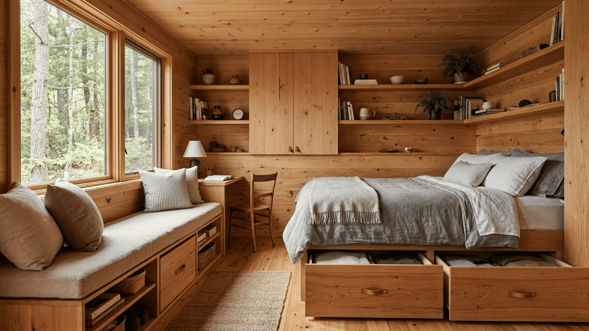 small cabin interior with built-in storage shelves, benches, and practical space-saving furniture
