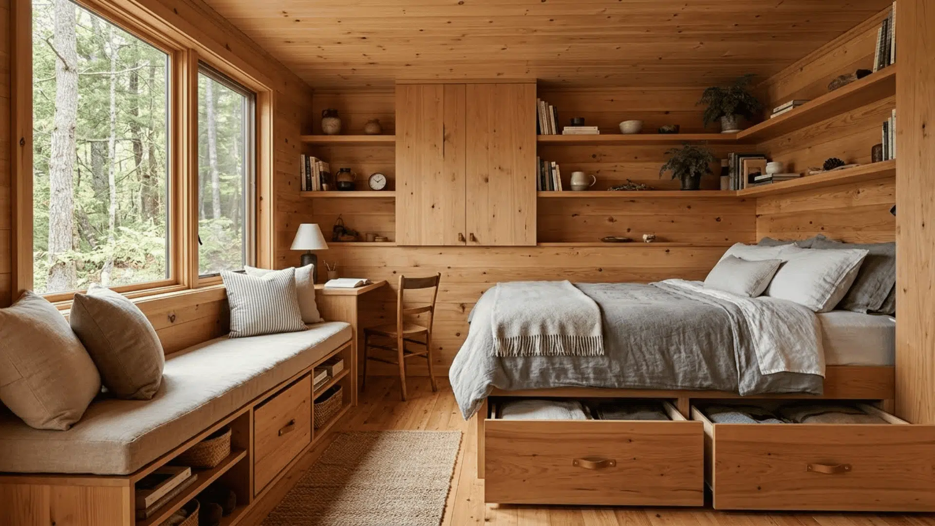 small cabin interior with built-in storage shelves, benches, and practical space-saving furniture