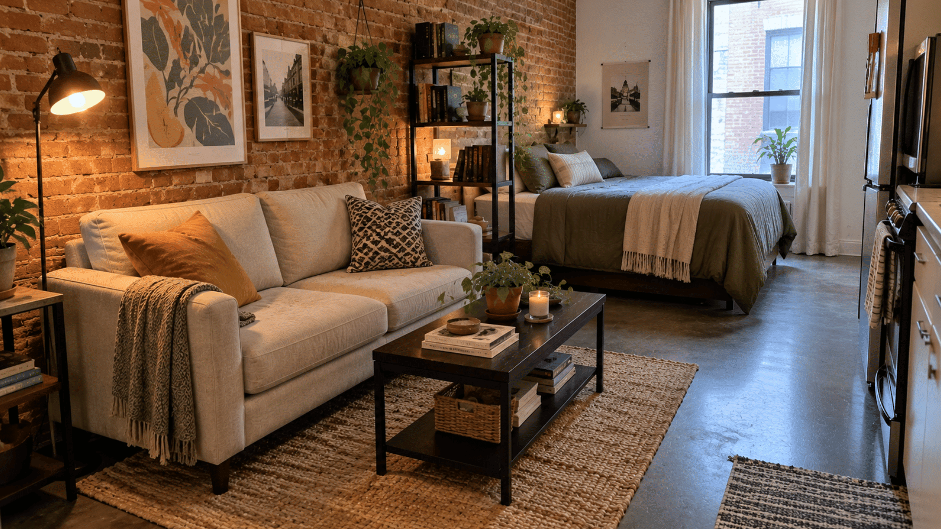 compact neutral loveseat anchors the living zone in a realistic brick-walled studio apartment