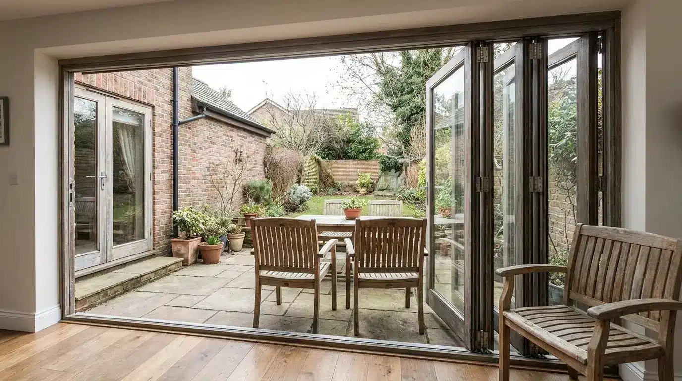 Open glass doors leading to patio with wooden furniture and potted plants in a garden setting