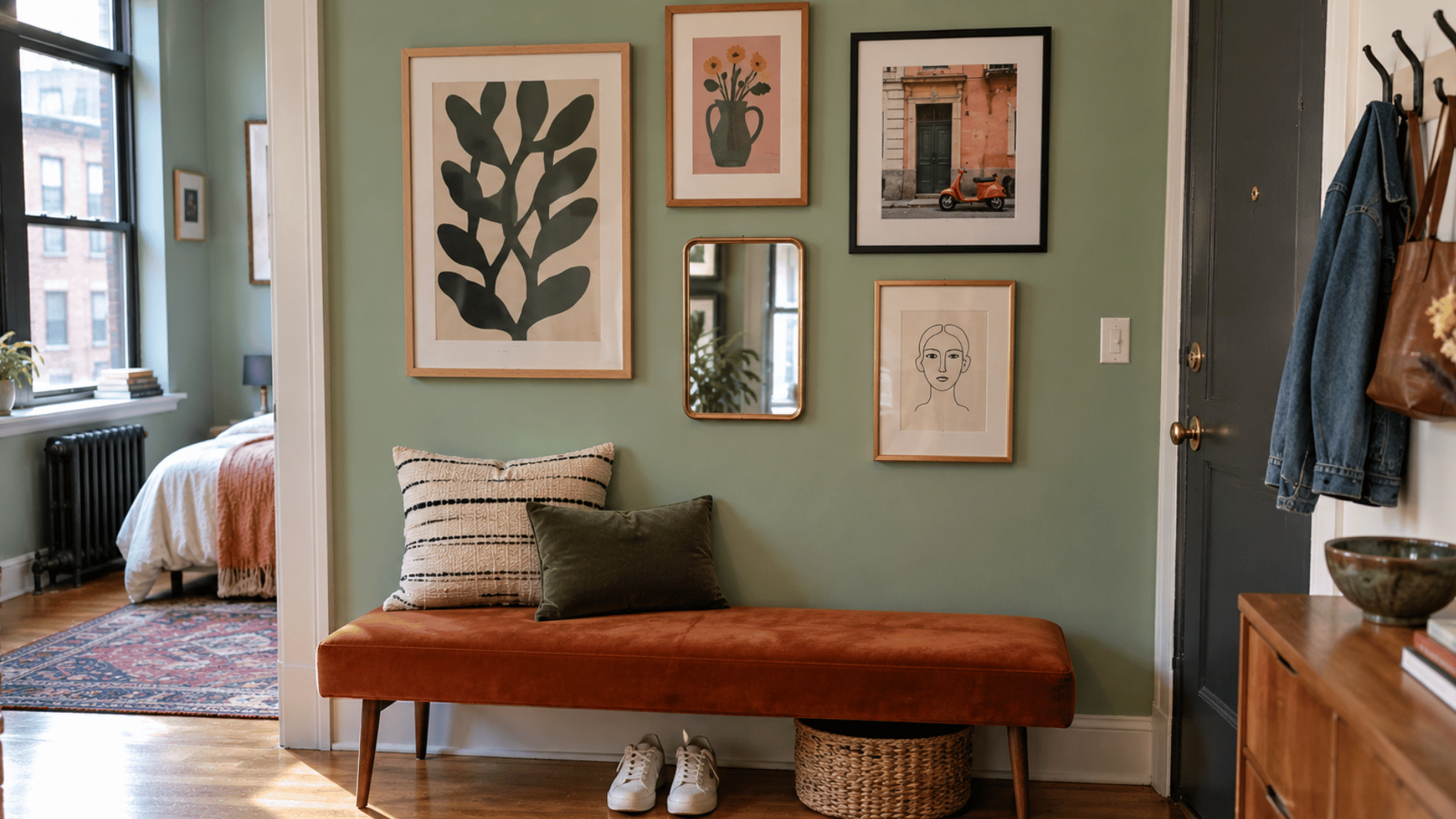 small mixed gallery wall adds character above an orange bench in a colorful studio