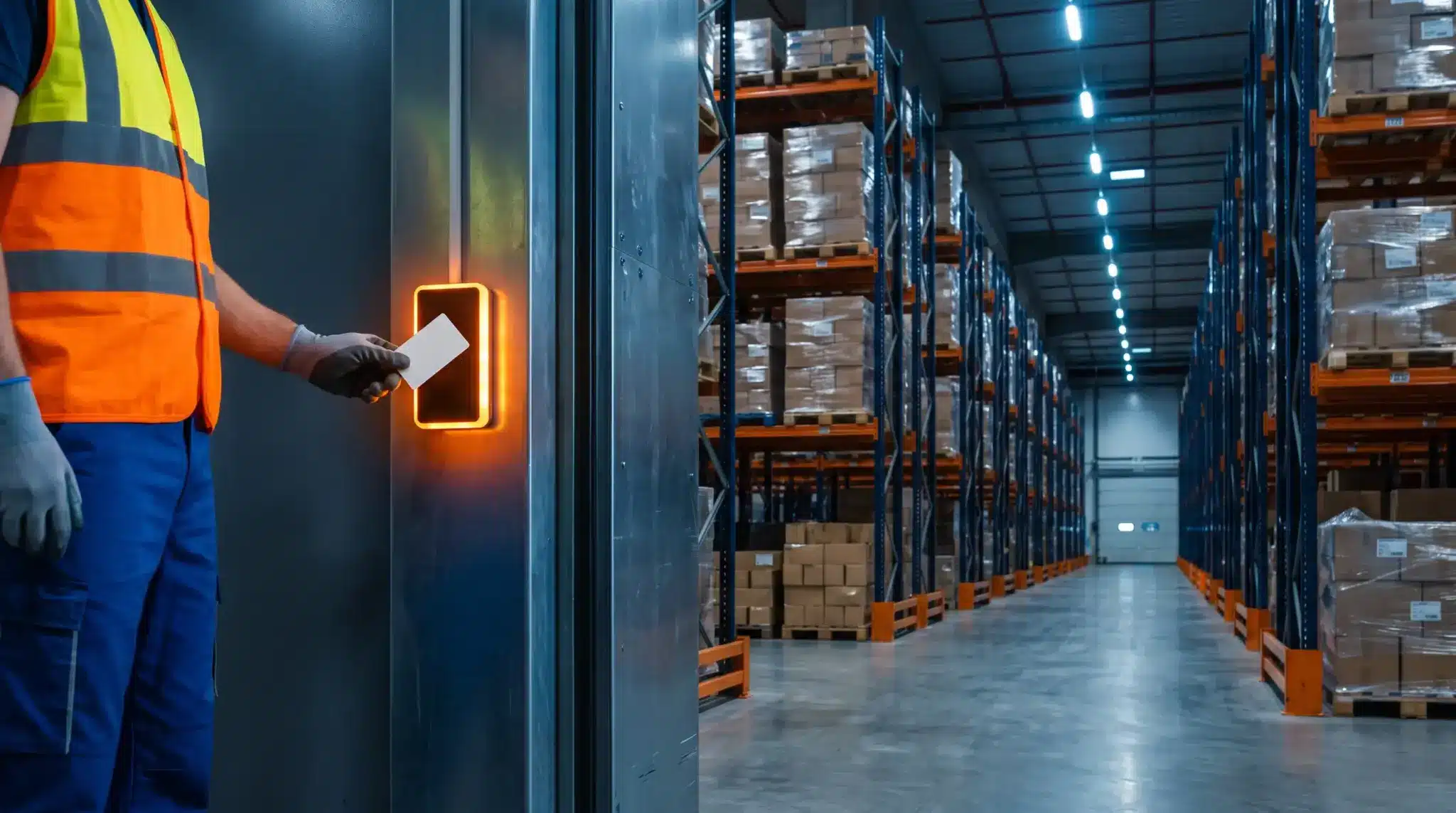 Person scanning access card at warehouse entrance with stacked shelves and bright lighting