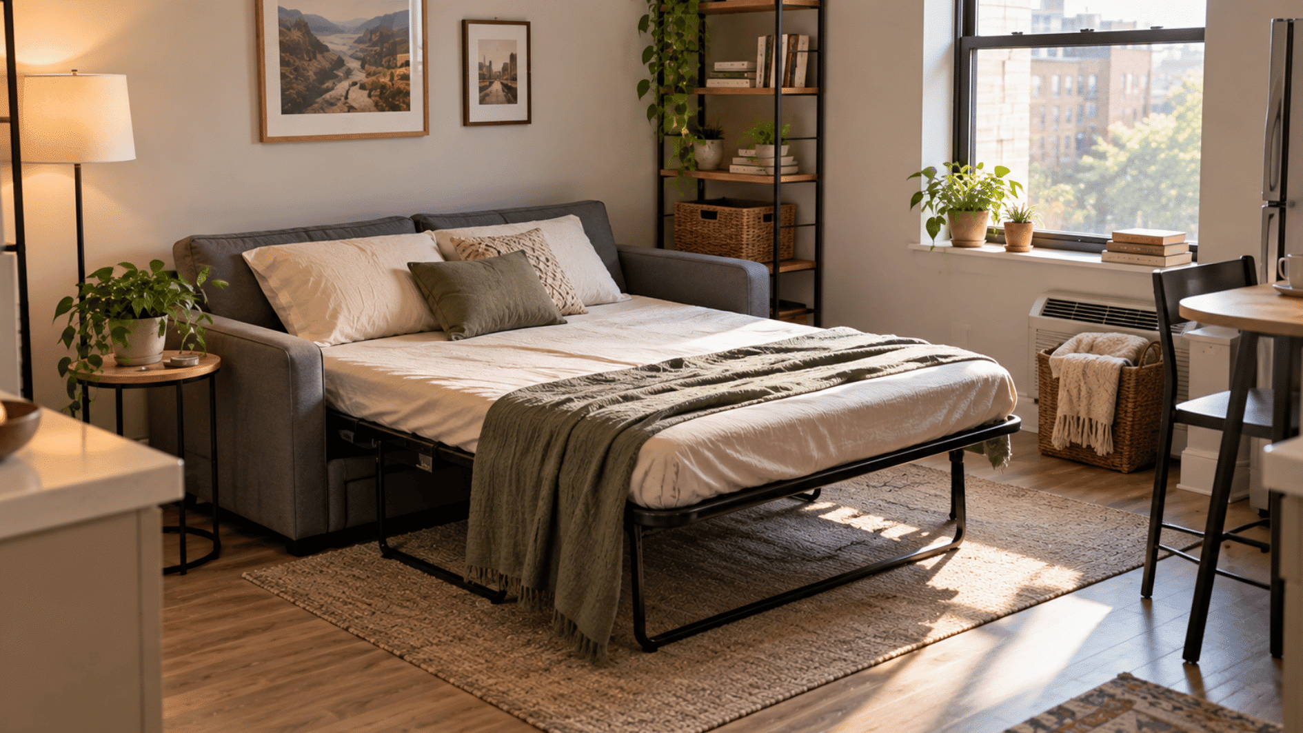 partially unfolded navy sofa bed creates flexible sleeping space in an extra-small studio