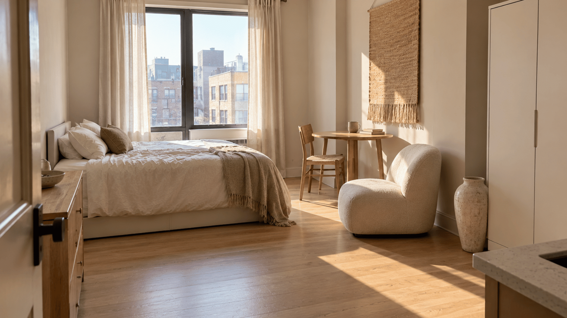 soft minimalist studio with a low bed, chair, wood table, and open floor space