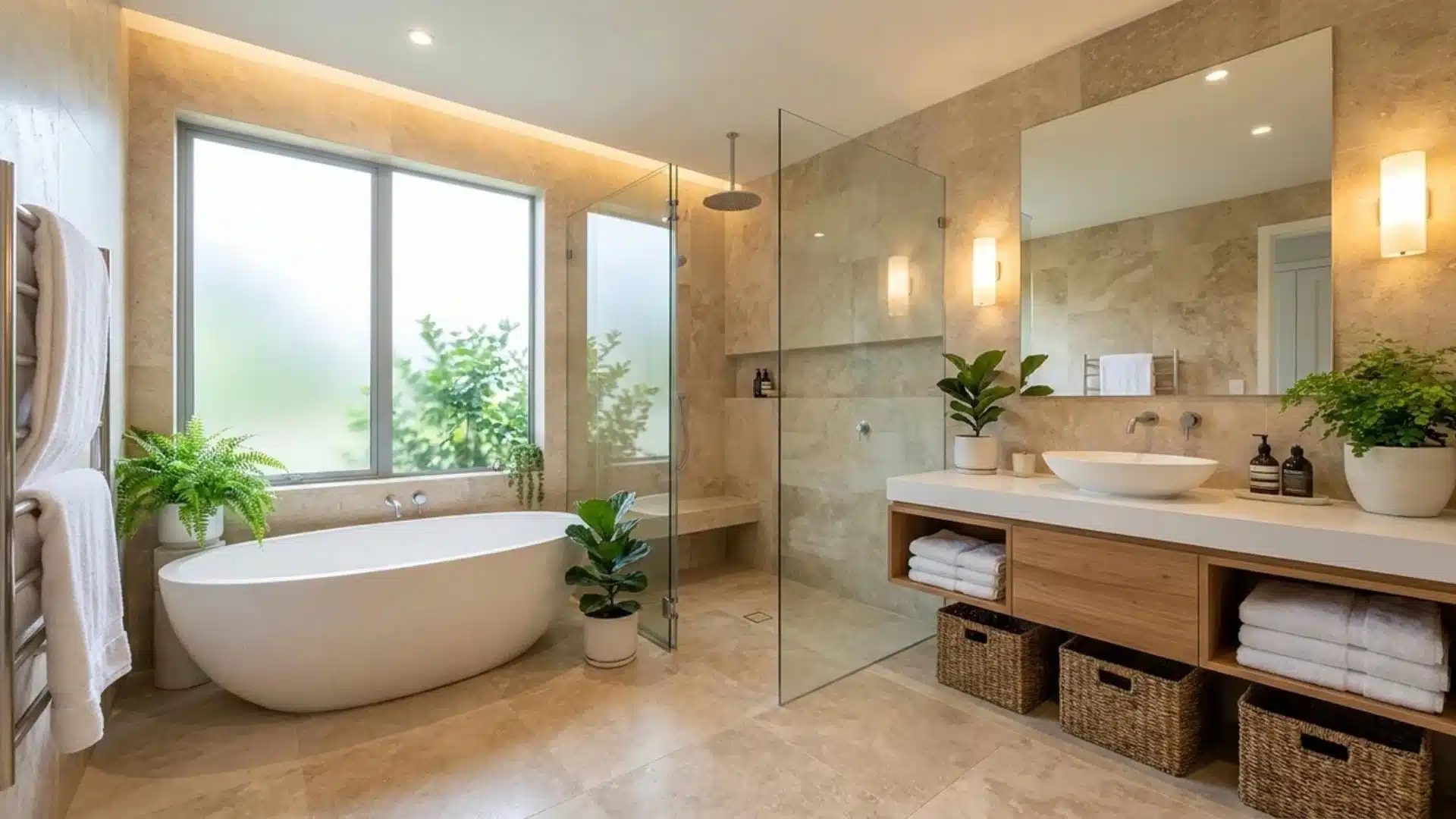 Spa bathroom with freestanding tub, rainfall shower, floating vanity, stone tile, plants, towels, and layered lighting