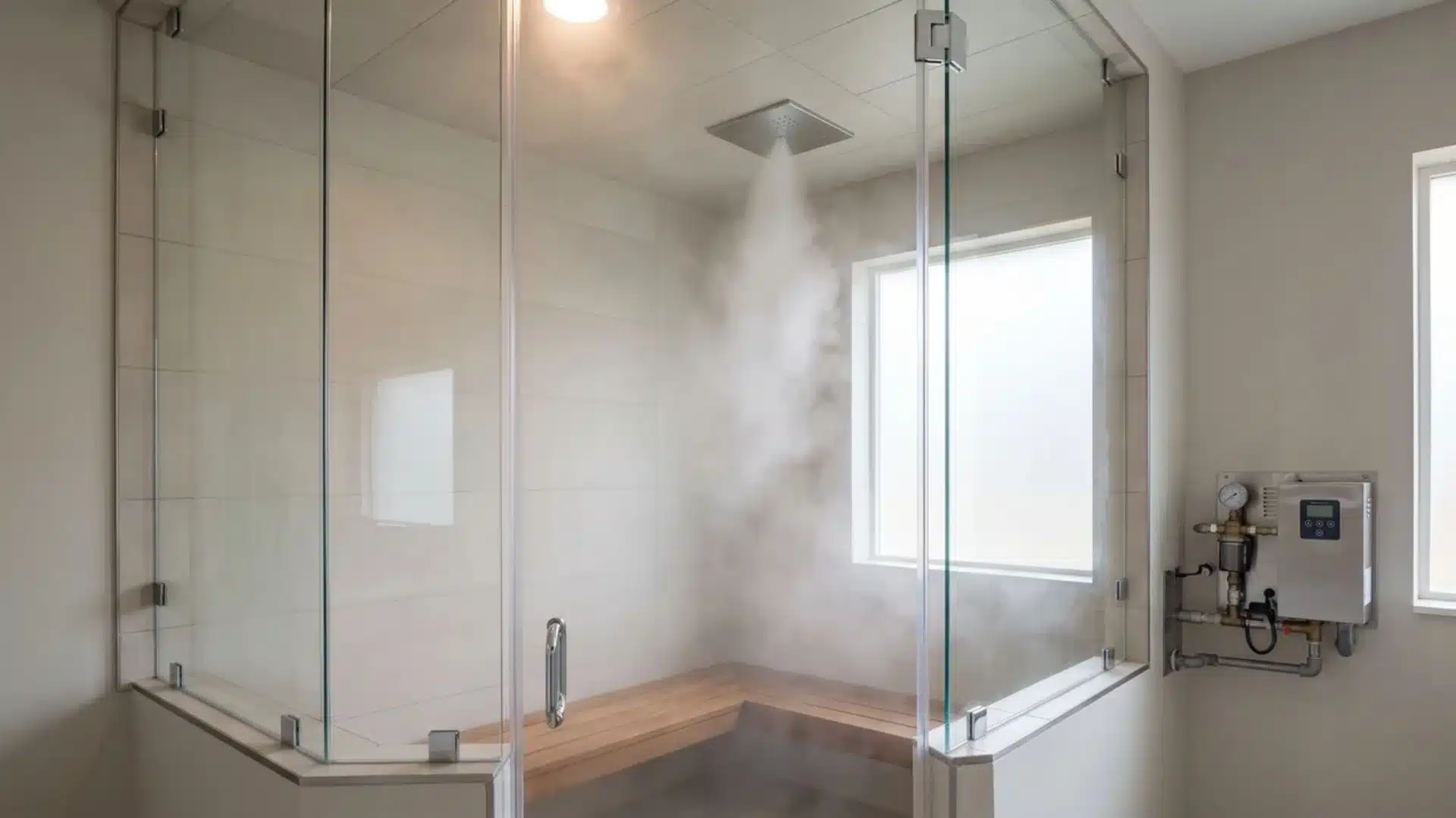 Glass-enclosed steam shower with built-in seating and subtle condensation.