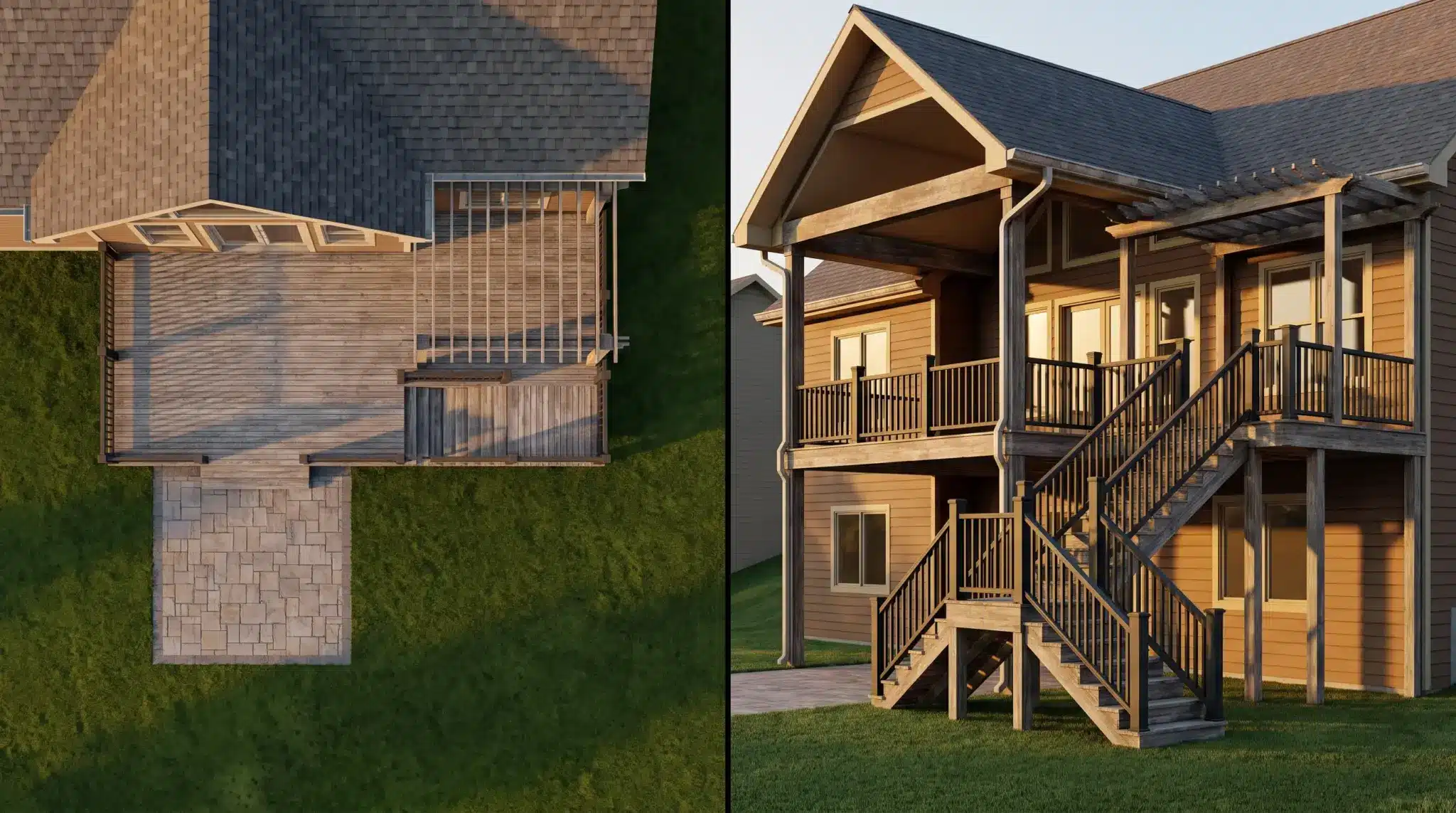Top view and side view of a wooden deck and stairs on a house in warm sunlight