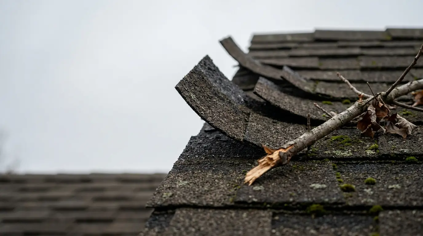 Damaged roof shingles with fallen branch on overcast day