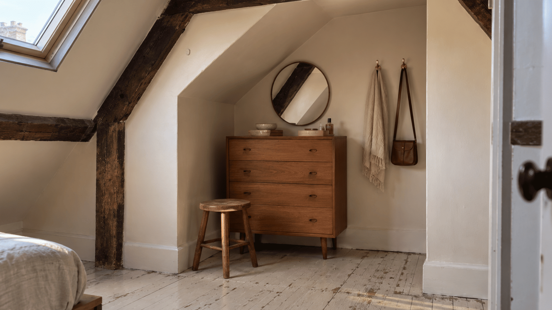 irregular attic alcove becomes a practical dressing and storage nook in a small studio