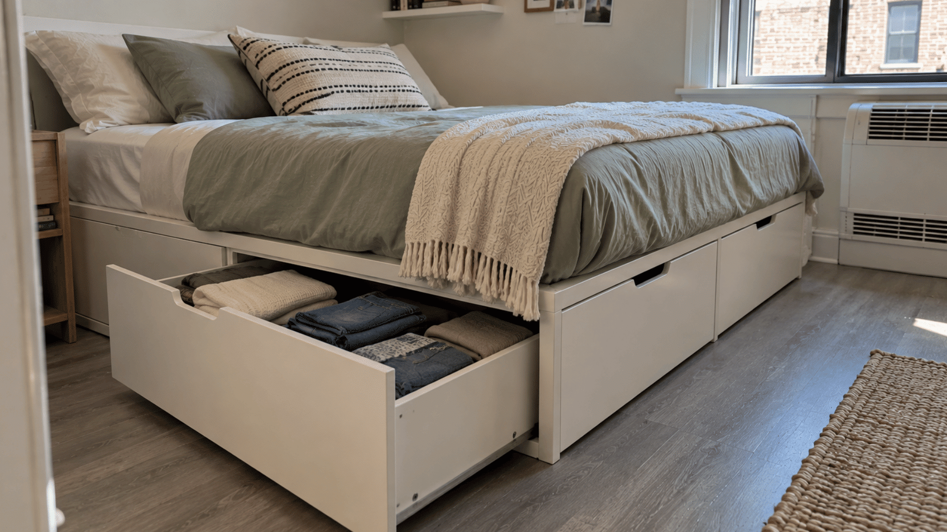 built-in drawers beneath a studio bed hold folded clothes towels and spare bedding