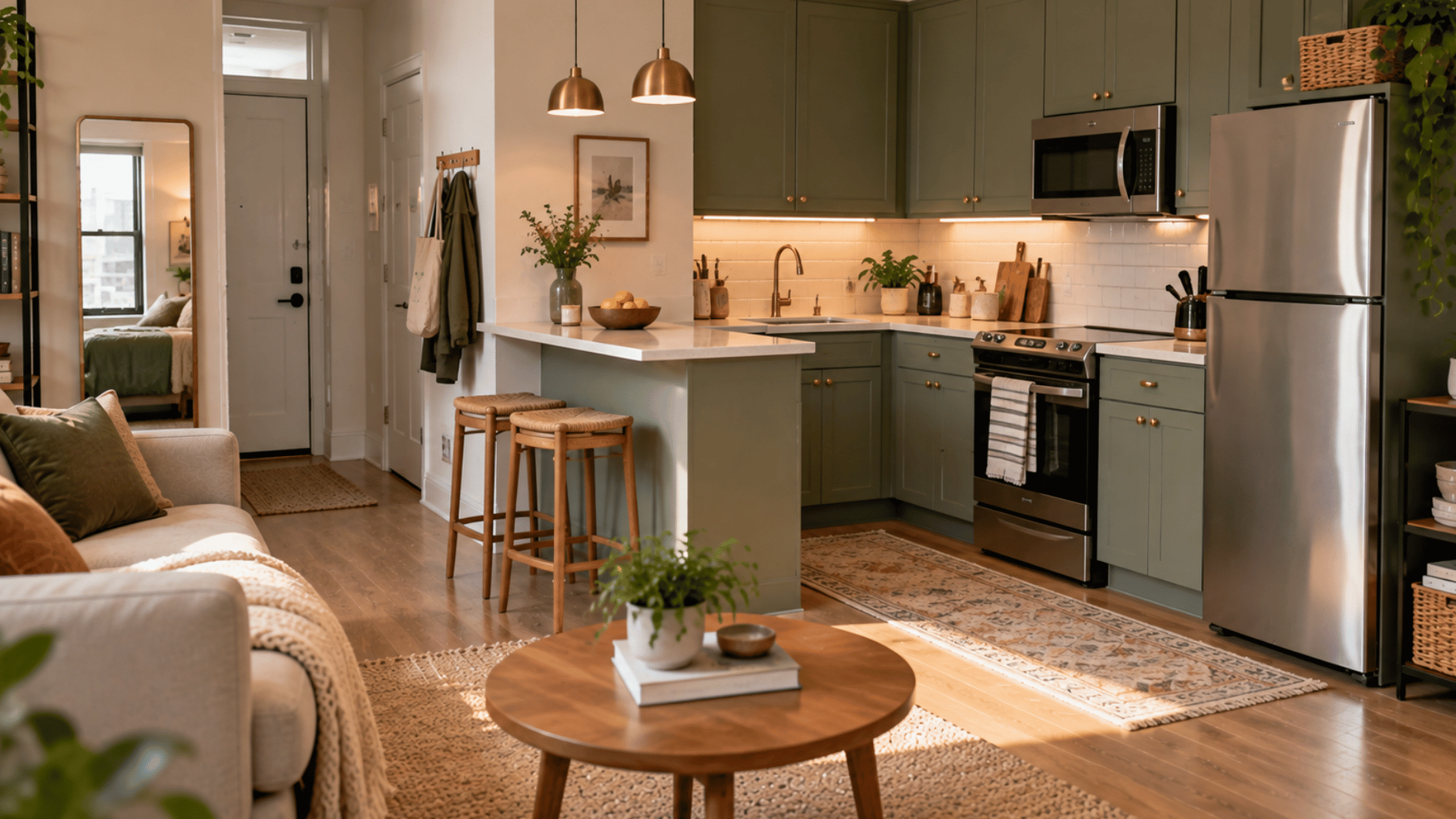 sage green studio kitchen with matching accents connecting the cooking and living areas