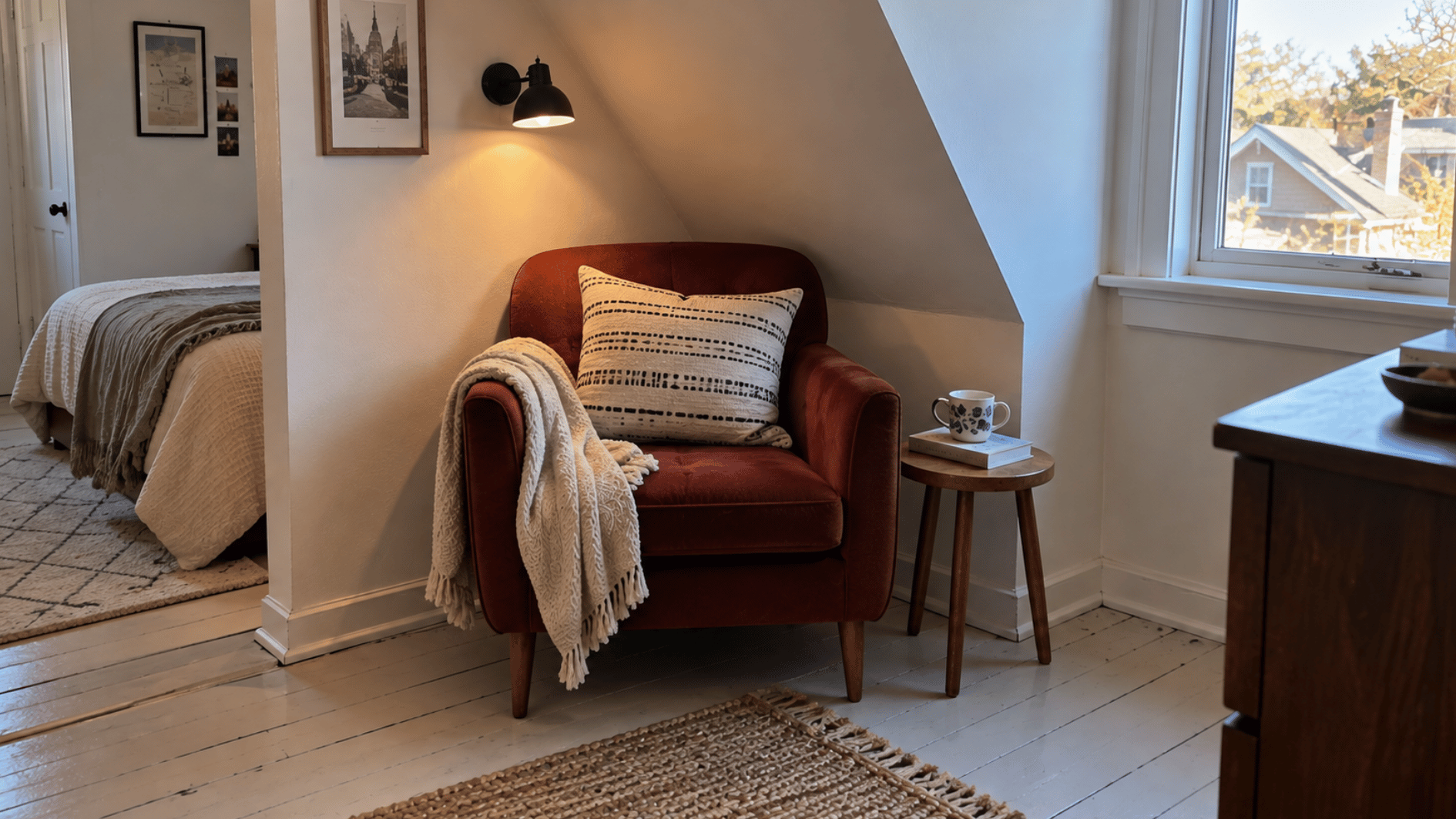 burgundy chair and wall light create a compact reading corner in a small attic studio apartment