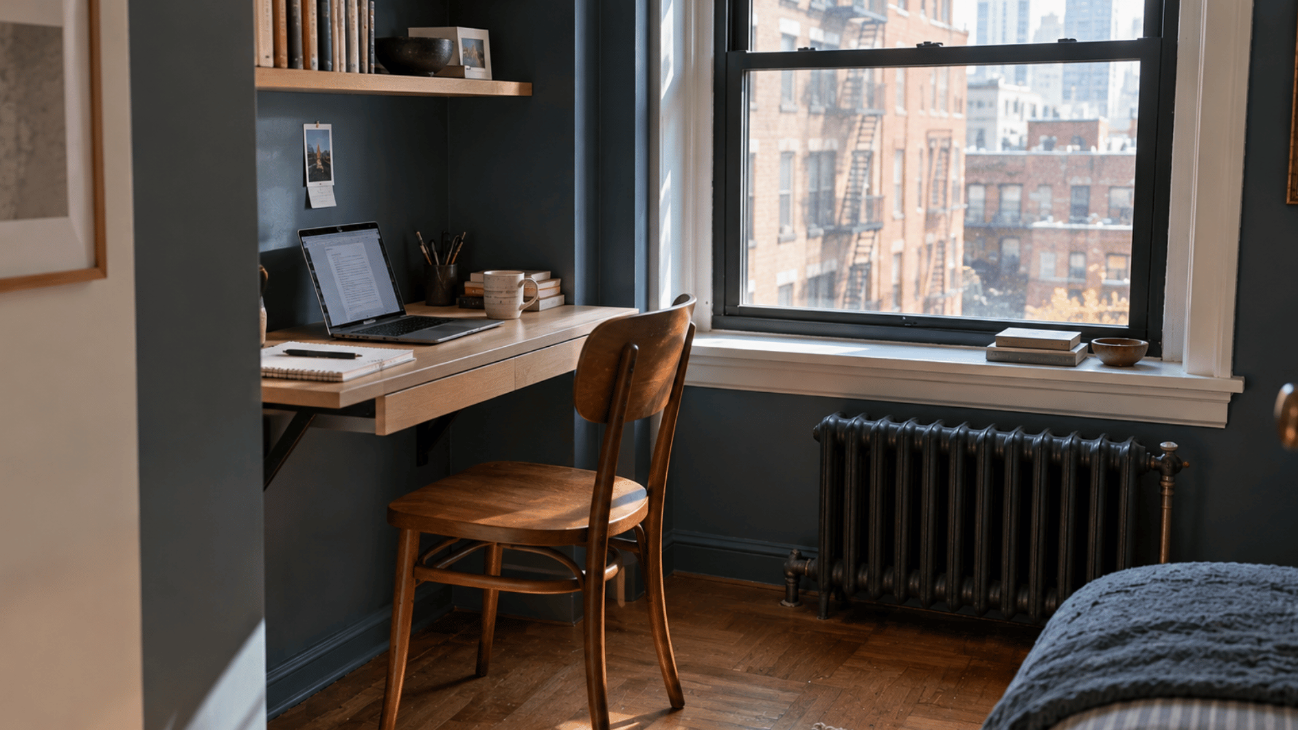 narrow floating desk creates a compact workstation beside a tall studio apartment window
