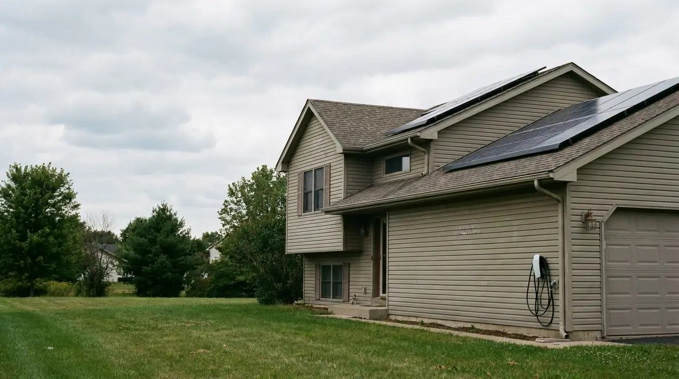 Suburban house with solar panels on roof under cloudy sky surrounded by green grass and trees