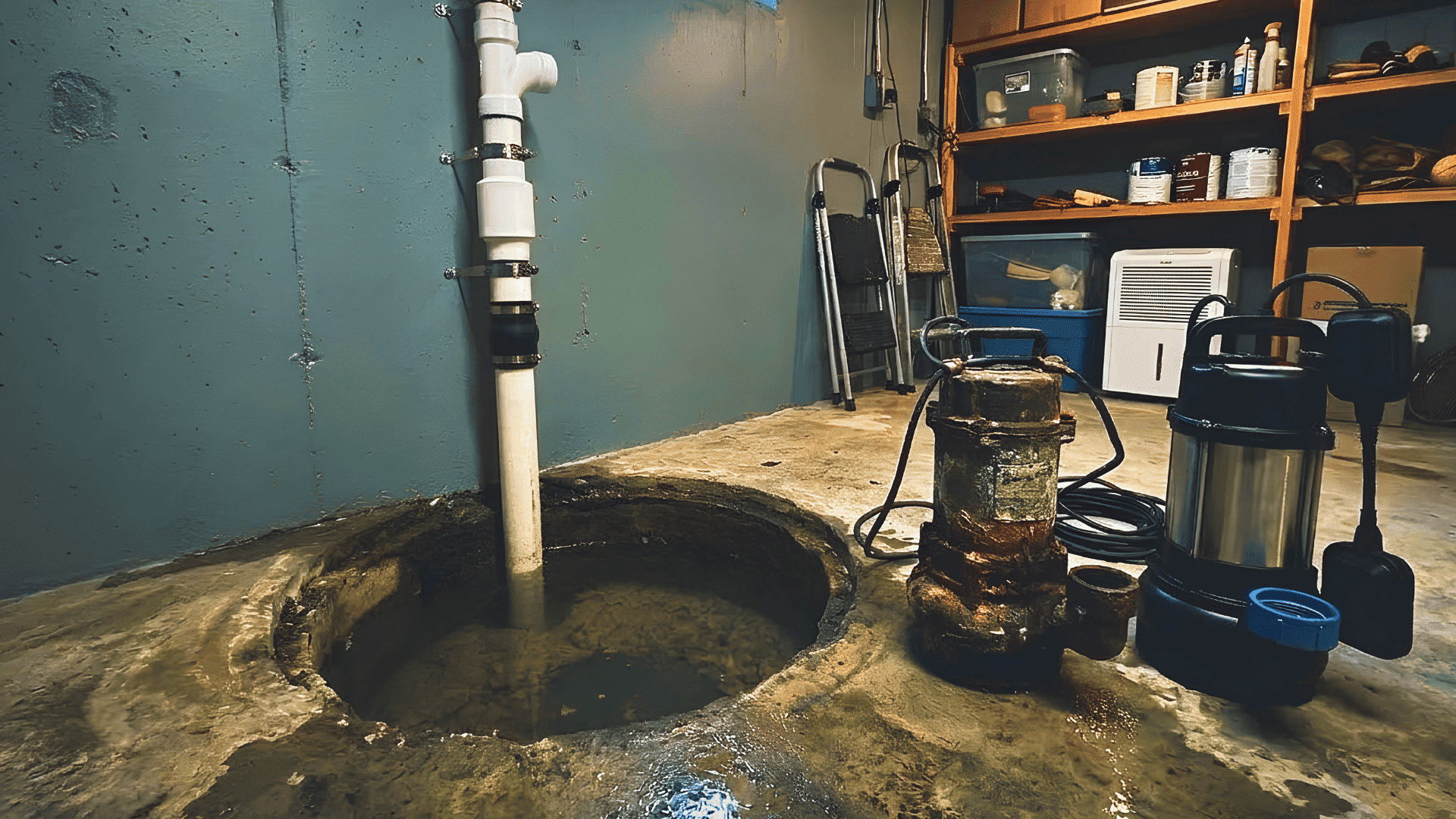 sump pump maintenance setup with open pit pvc pipes new pump rusted pump and measuring tape