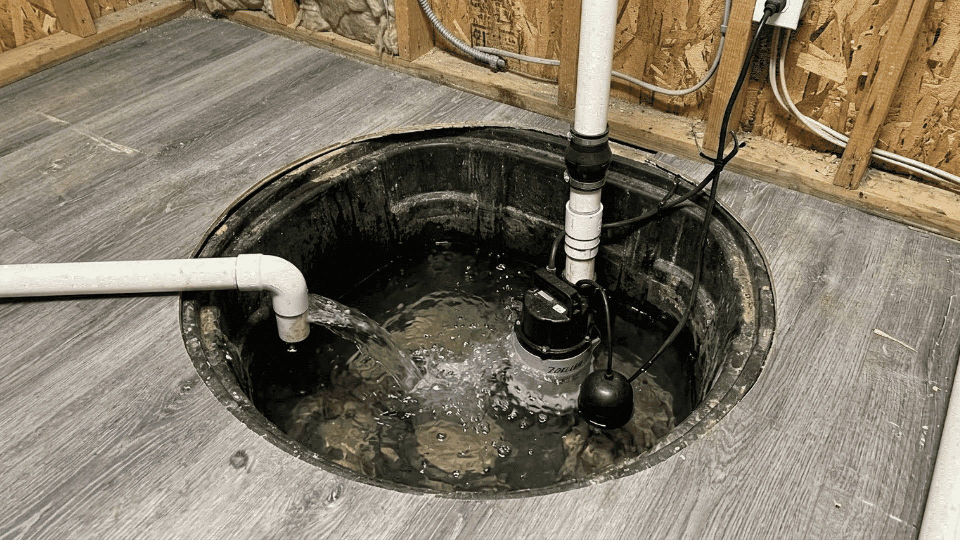 open basement sump pit with submersible pump, pvc pipes, water flow, and visible float switch