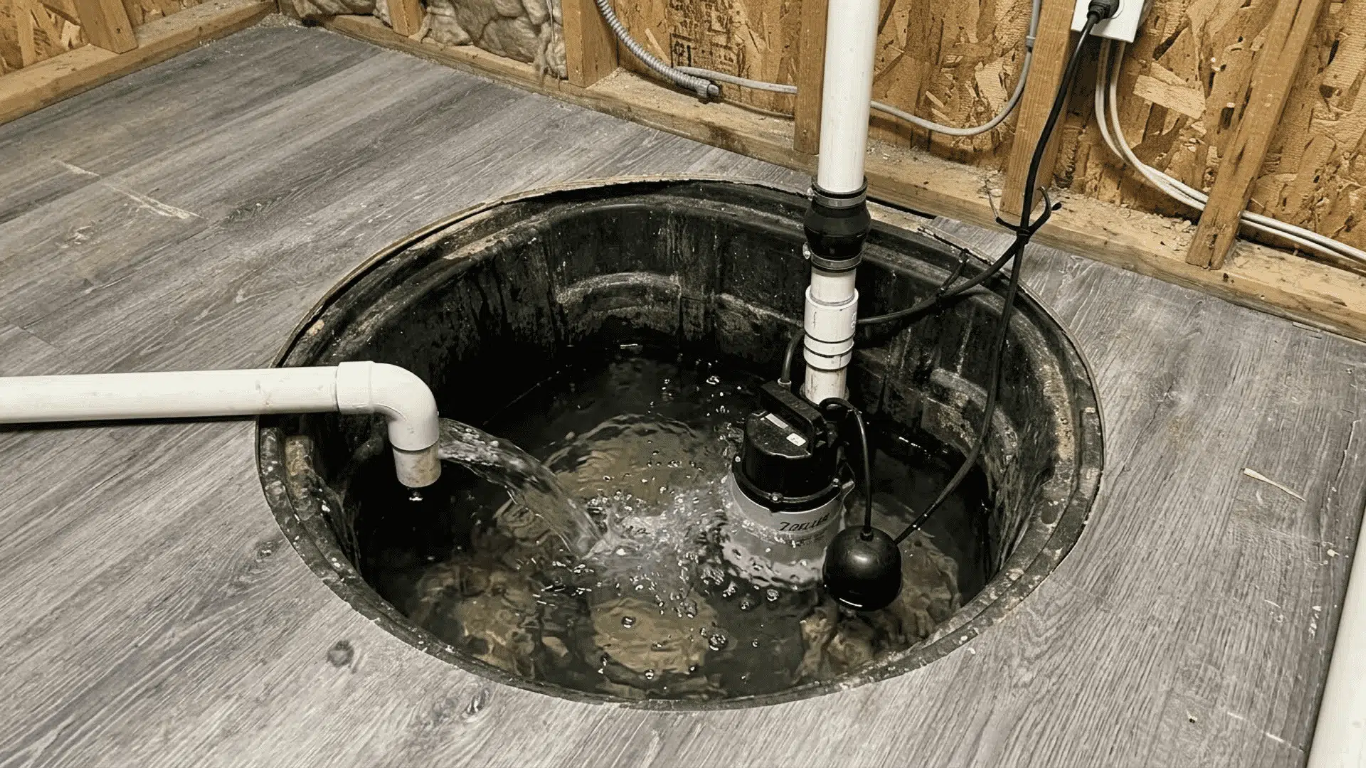 open basement sump pit with submersible pump, pvc pipes, water flow, and visible float switch