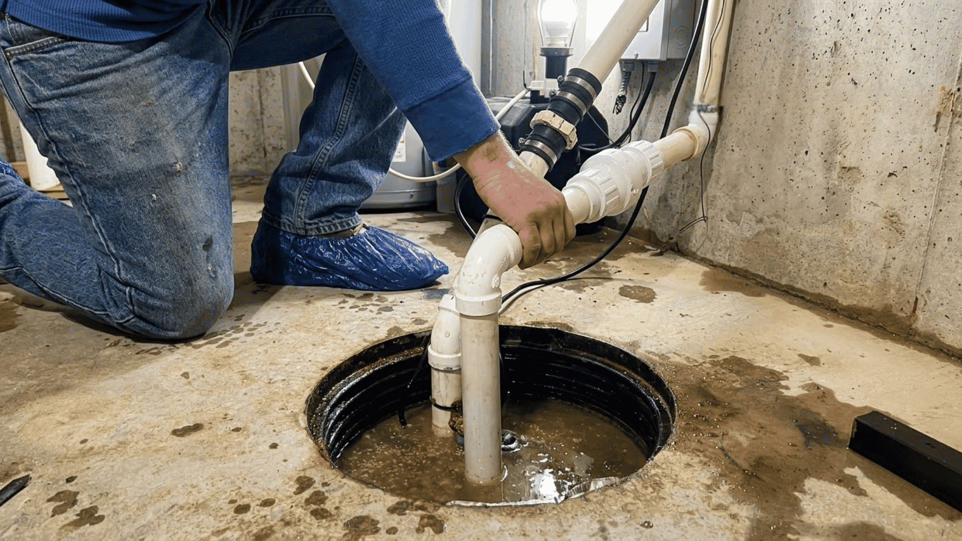 technician inspecting an open basement sump pump with flashlight tools pvc pipe and raised pit cover