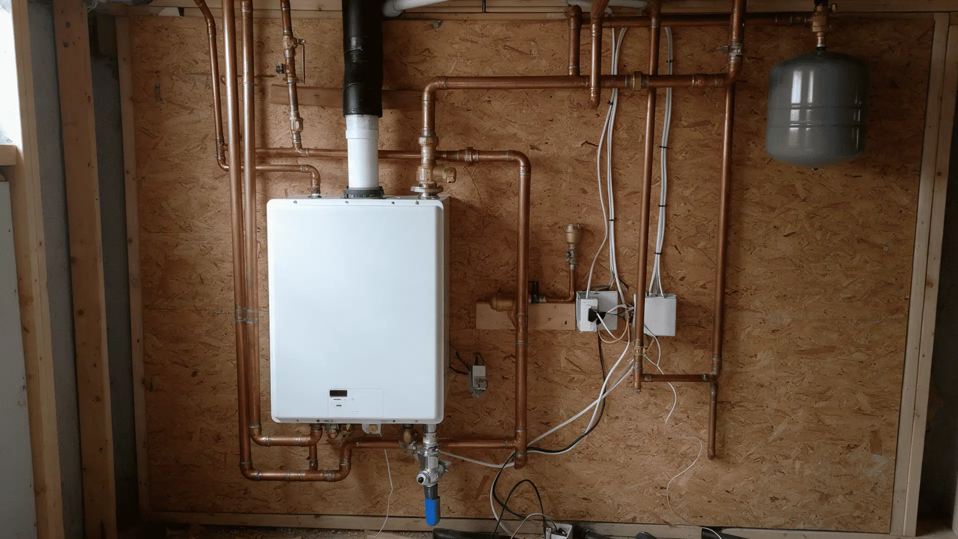 tankless water heater with copper plumbing and expansion tank installed on an unfinished utility wall