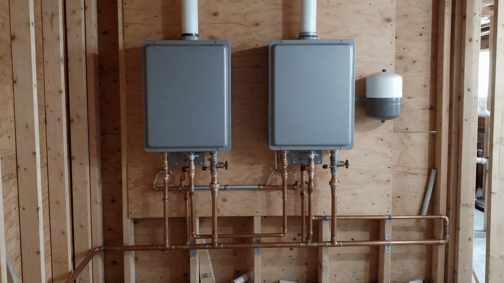 two tankless water heaters with copper plumbing vent pipes and expansion tank in a utility space