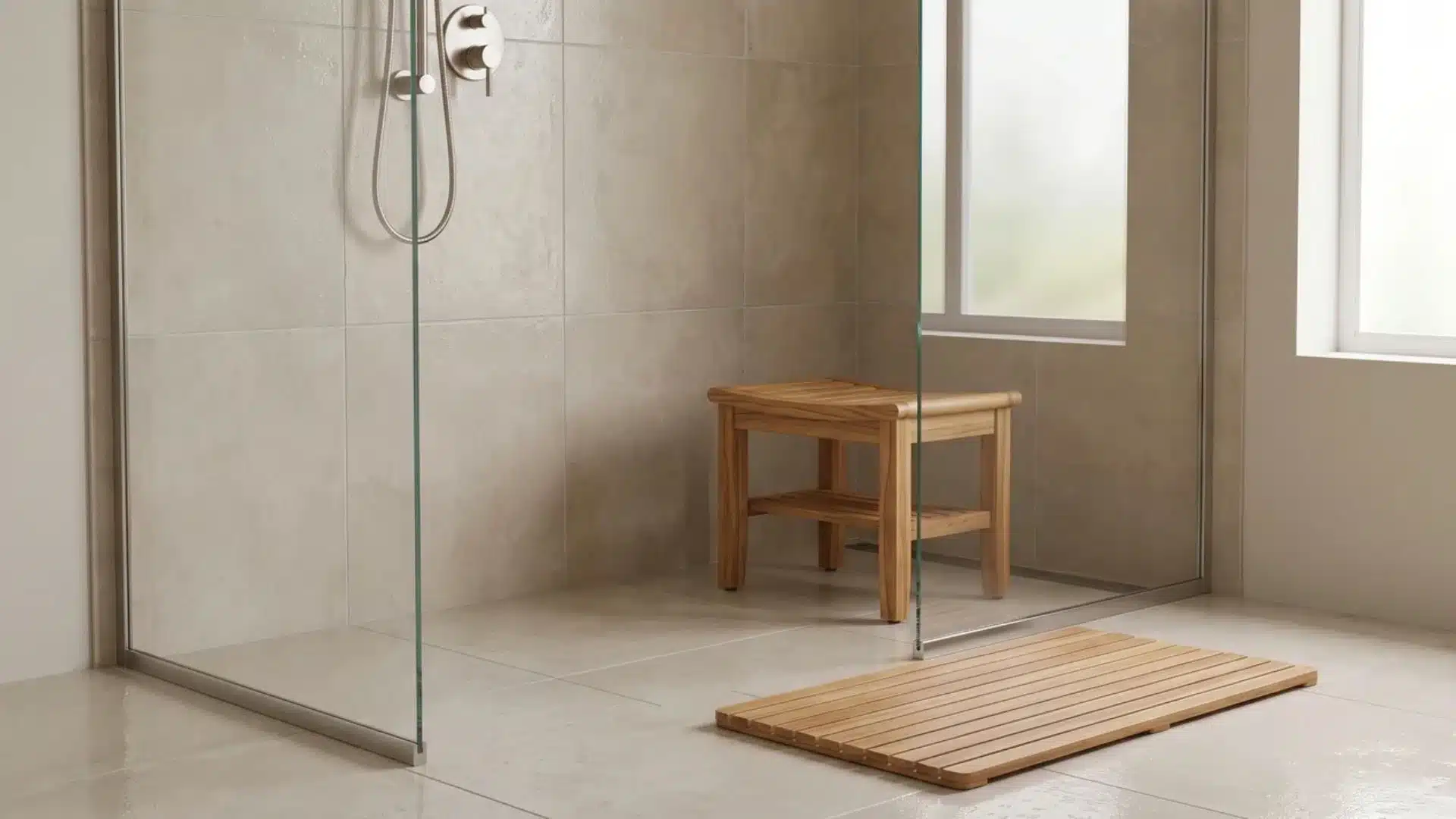 Teak shower stool positioned inside a modern tiled shower.