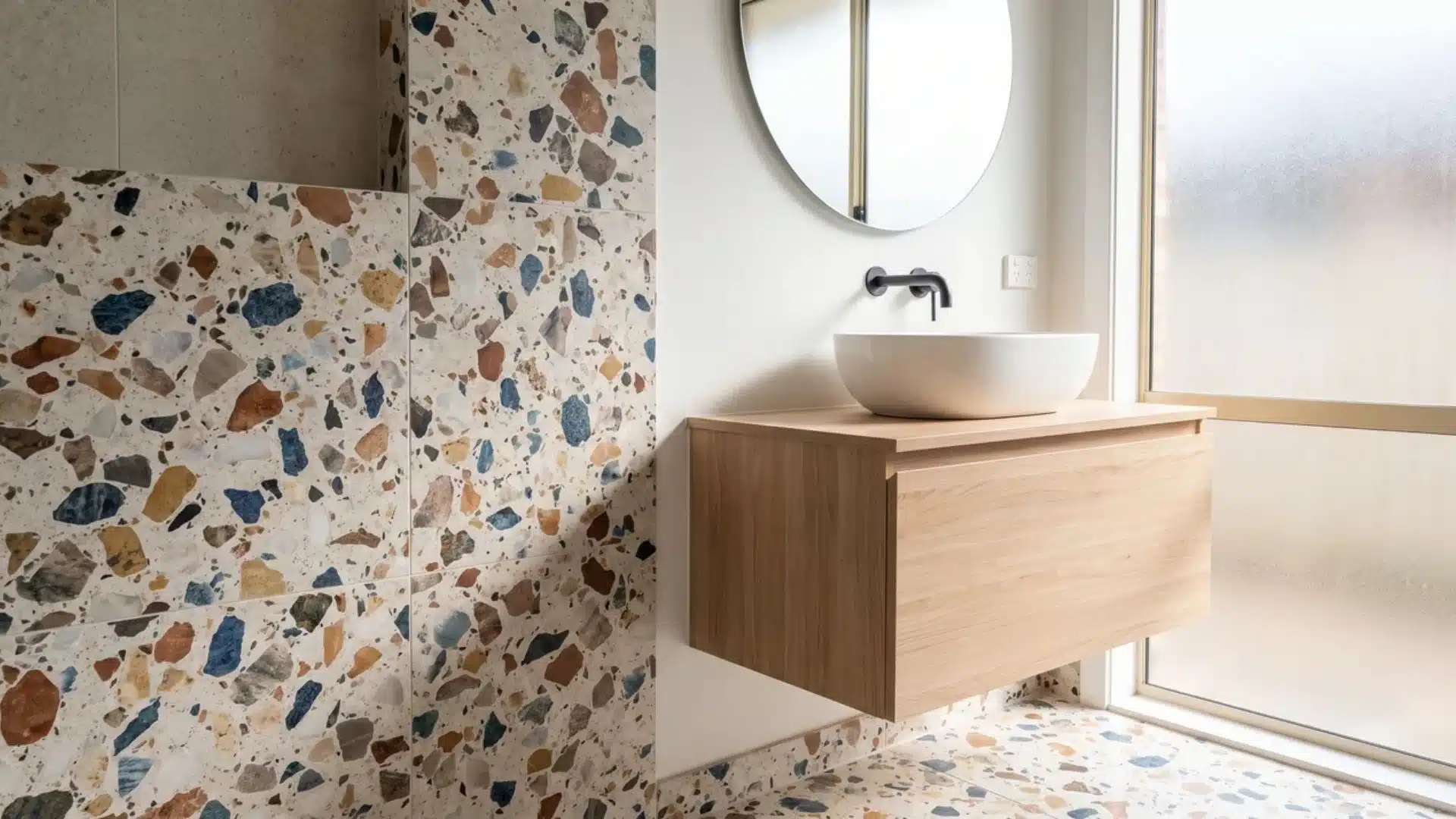 Modern spa bathroom featuring terrazzo surfaces with subtle stone chips.