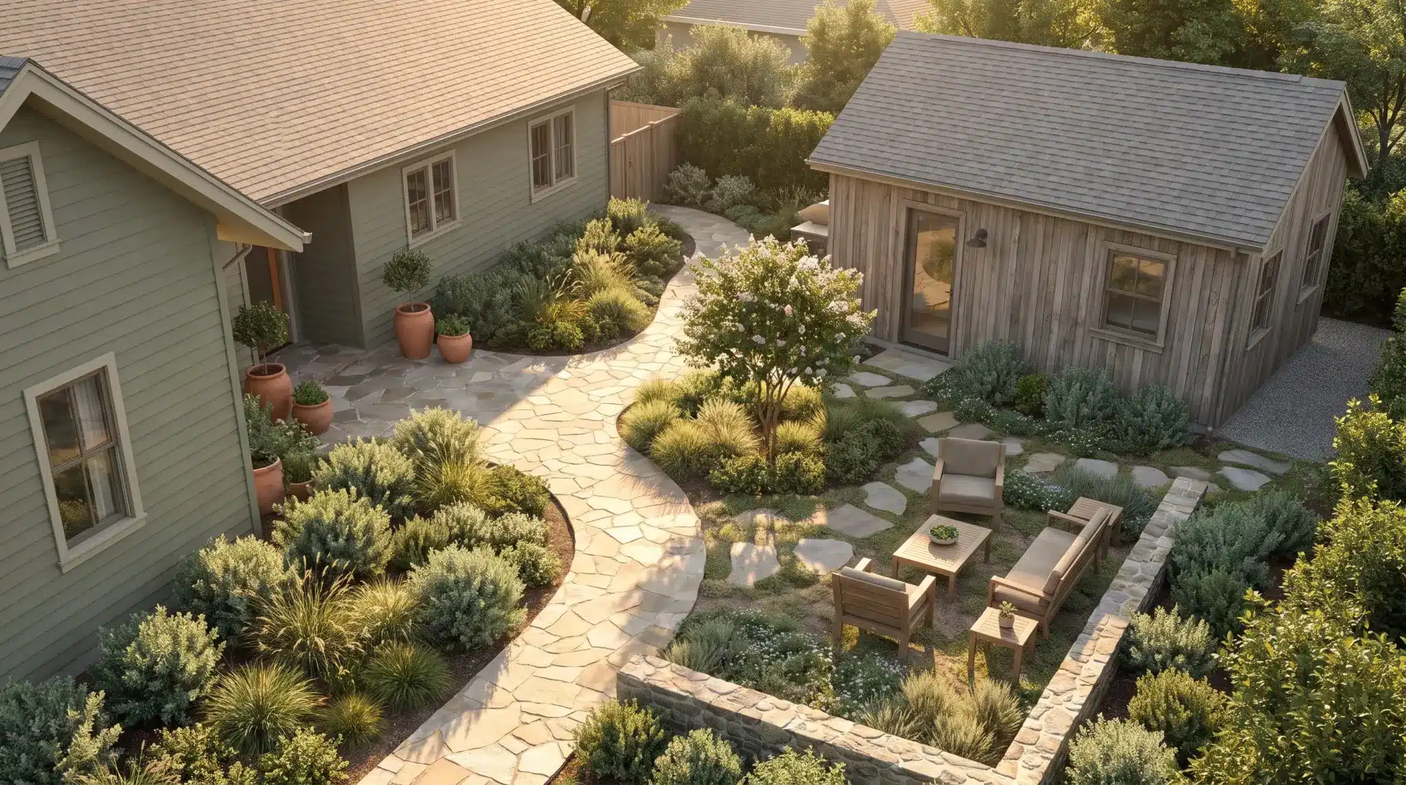 Charming garden path with potted plants between two small houses in soft evening light