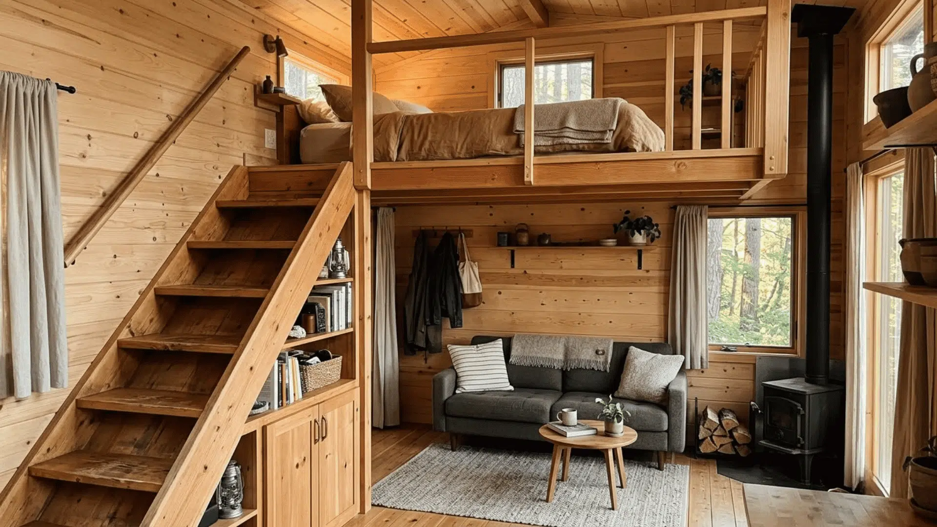 tiny cabin interior with loft bedroom wooden stairs and smart use of vertical living space