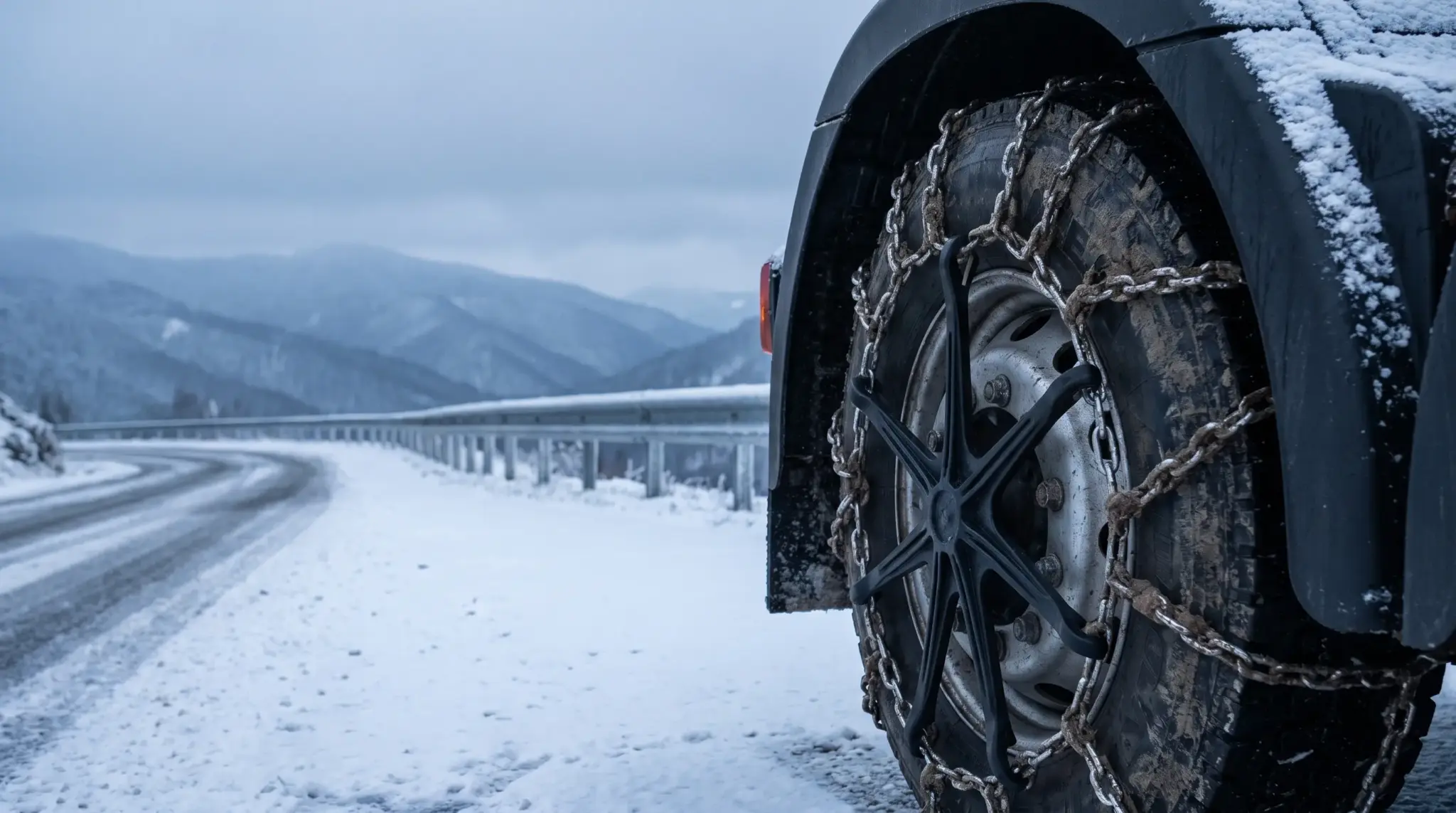 Close-up of vehicle tire with snow chains on snow-covered mountain road