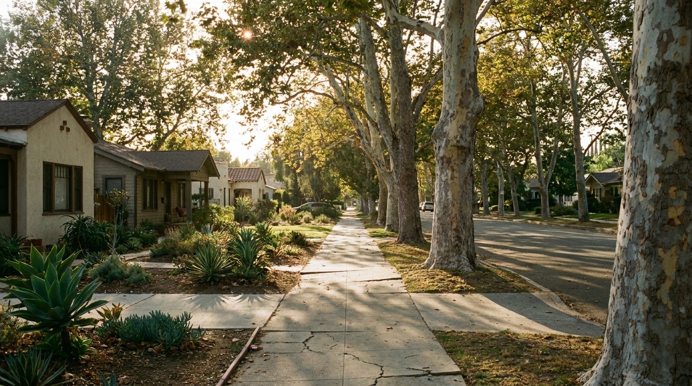 Tree-lined suburban street with single-story houses and sidewalks under soft evening light
