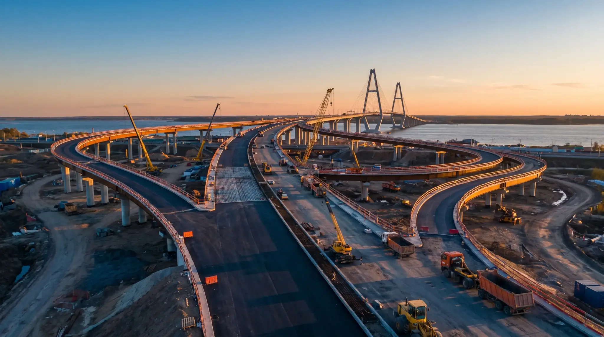Curved highway under construction with cranes and vehicles at sunset near waterway
