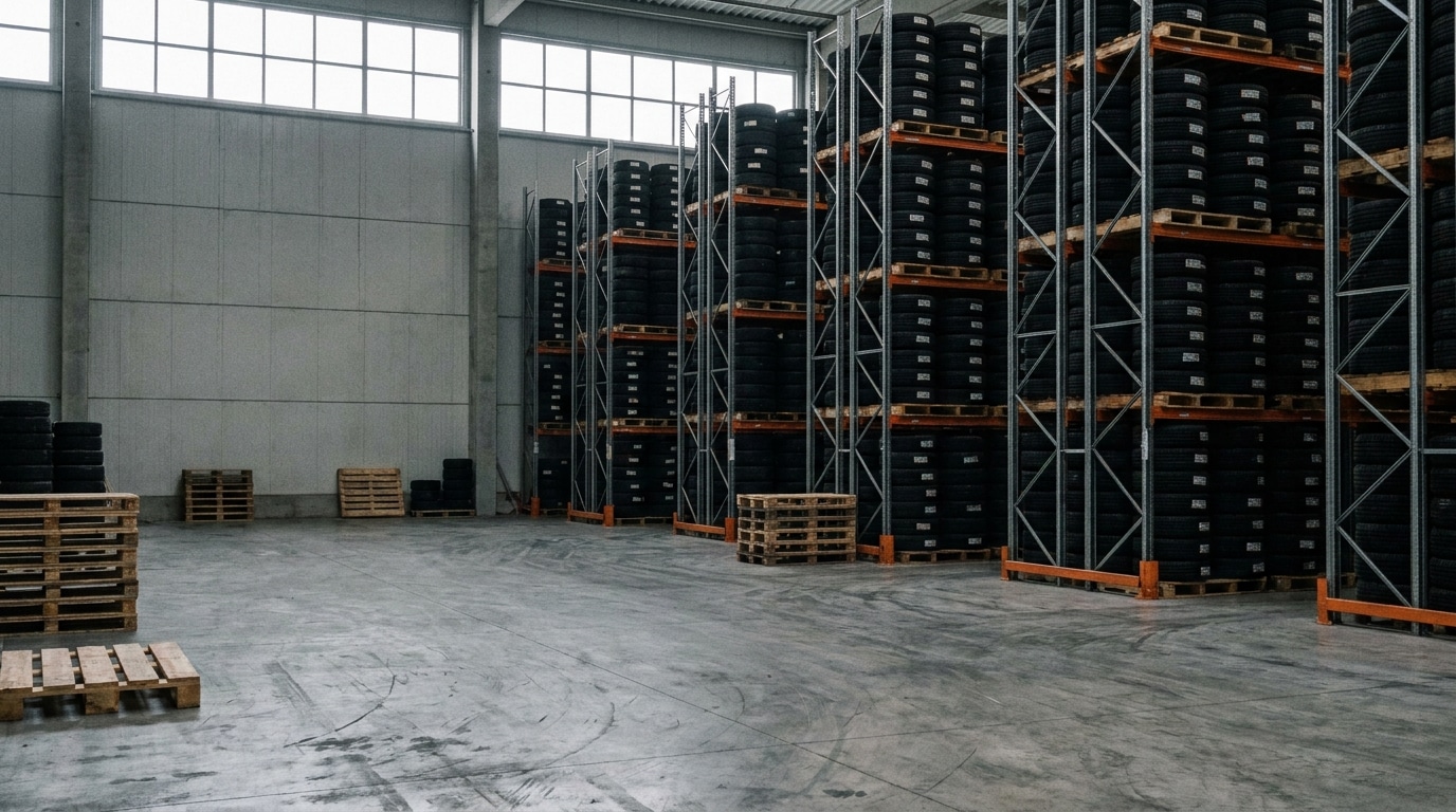 Rows of stacked tires on tall metal racks in a spacious warehouse